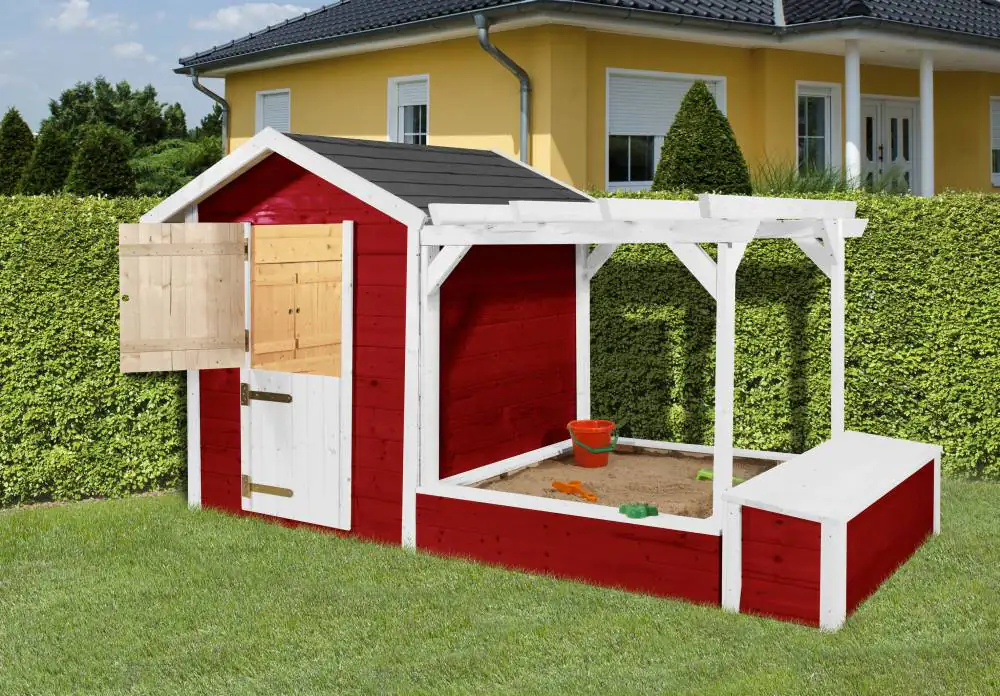 Weka Spielhaus 818 275 x 122 cm rot-weiß mit Sandkasten, Pergola, Truhe