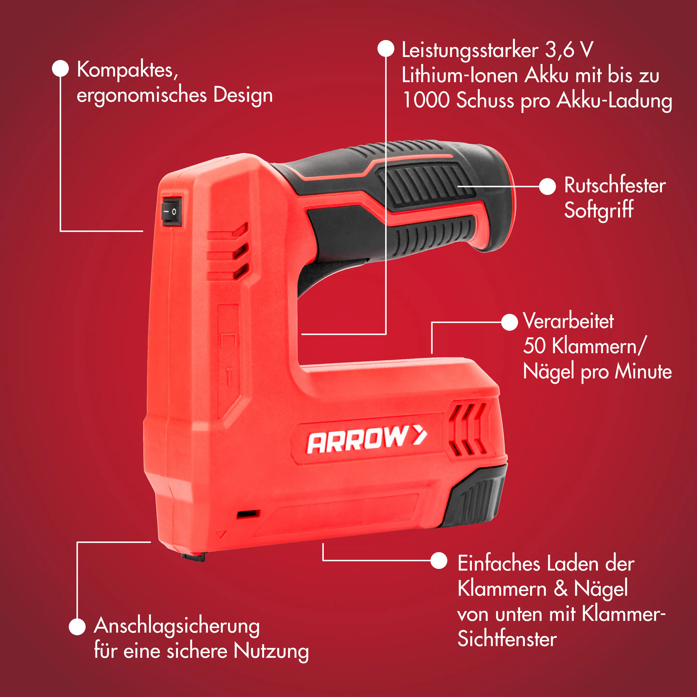 Arrow Akku-Handtacker E21 für Feindrahtklammern & Nägel