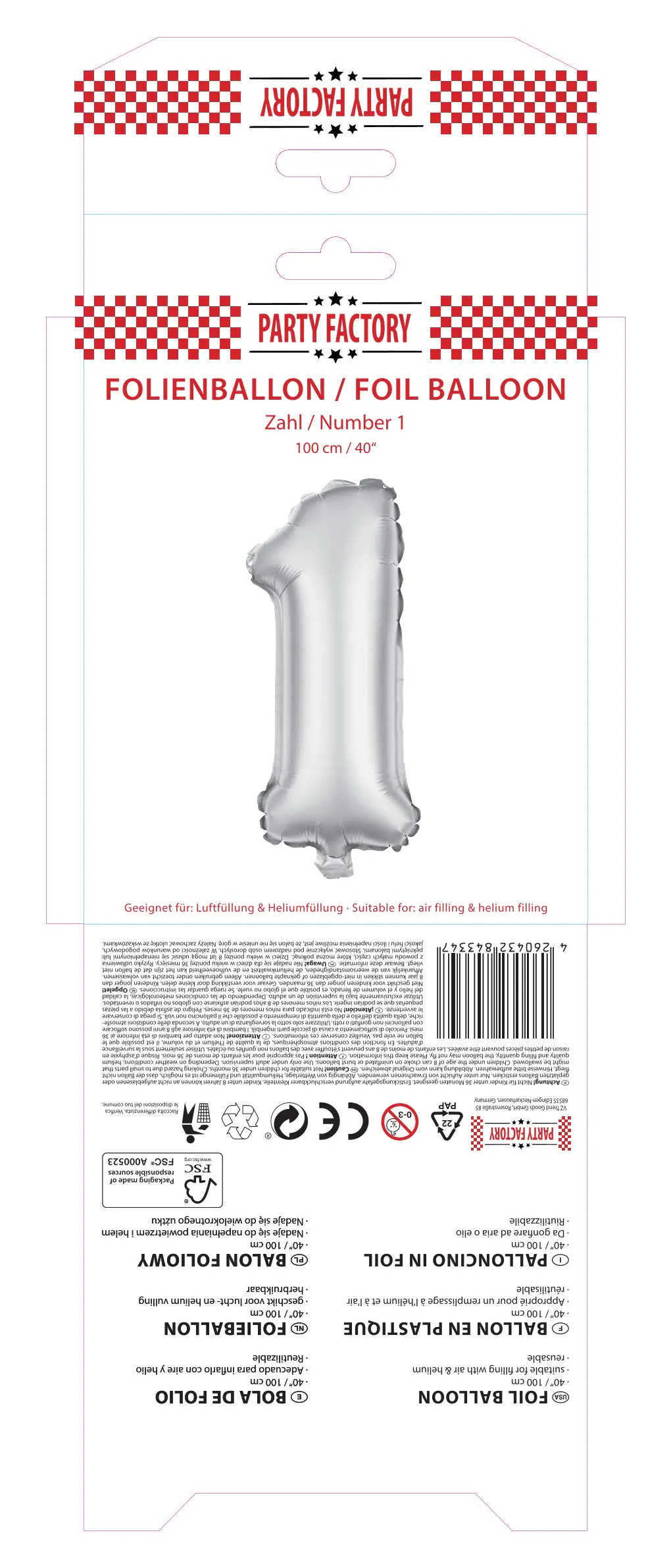 Folienballon Zahl 1 silber 100 cm
