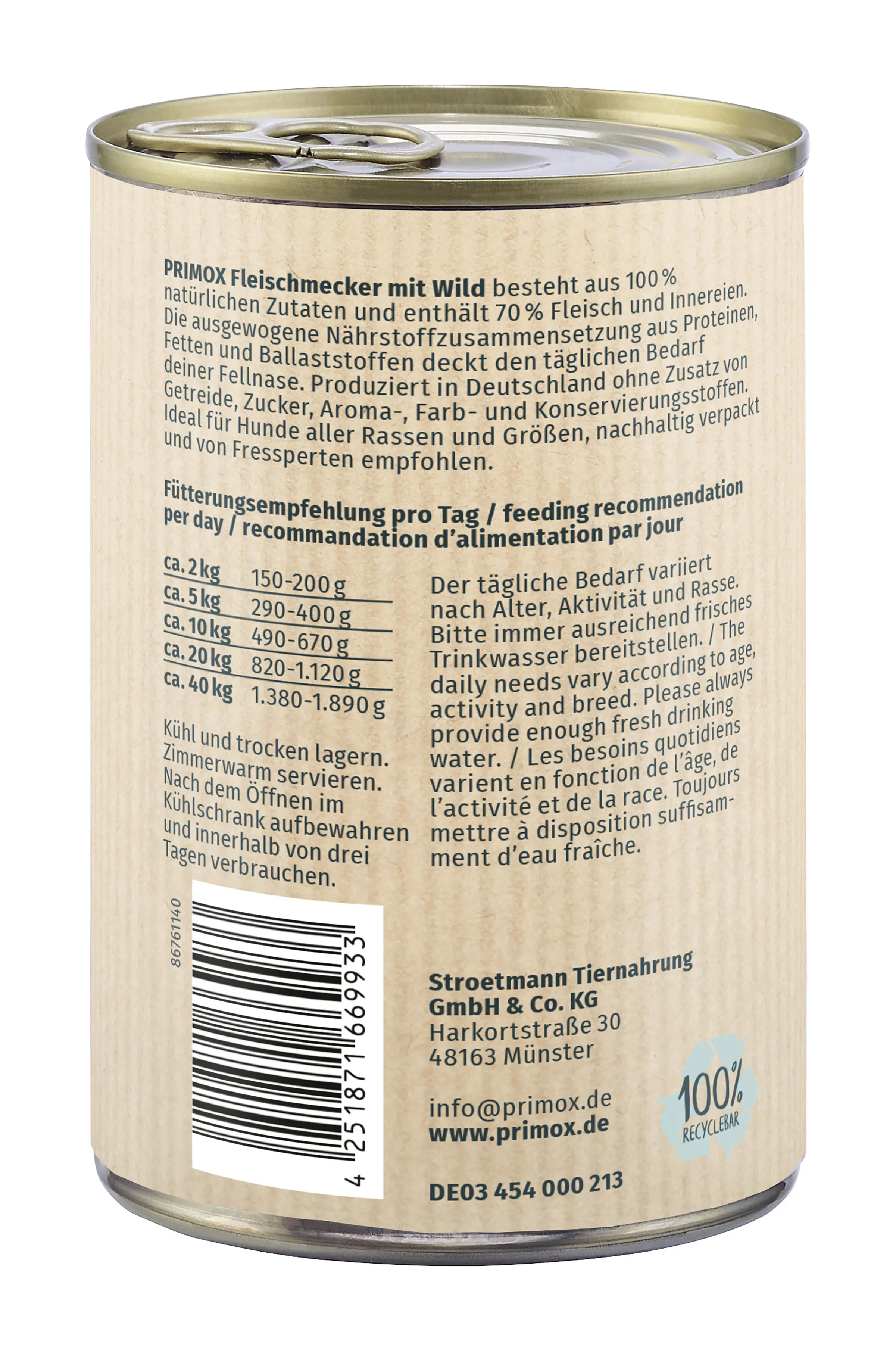 Primox Hundenassfutter Adult getreidefrei 400 g Wild