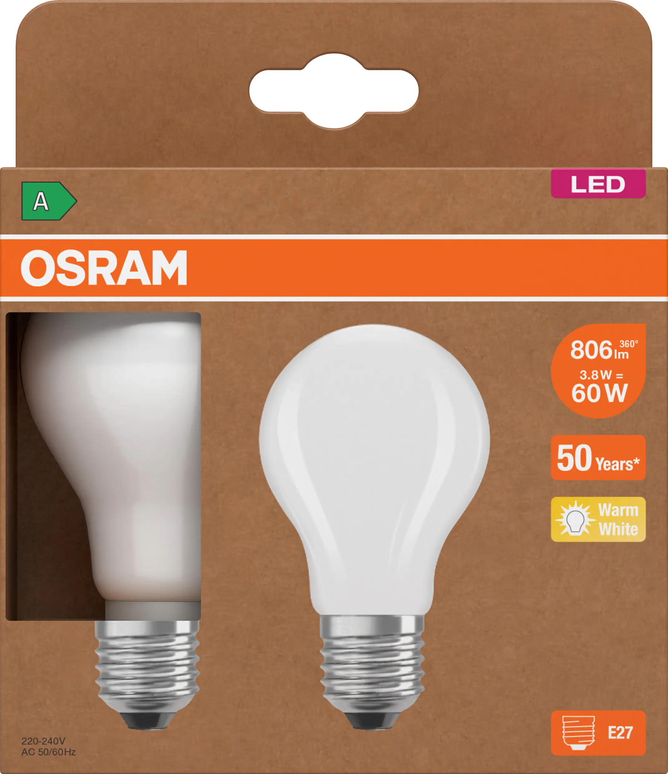 Osram LED Leuchtmittel E27 2er Pack Classic 3,8W matt warmweiß