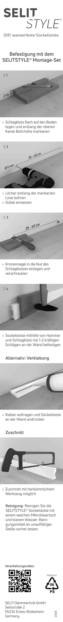 SELITSTYLE Sockelleiste FBL50 Fliese Patio 2000 x 50 x 15 mm wasserfest