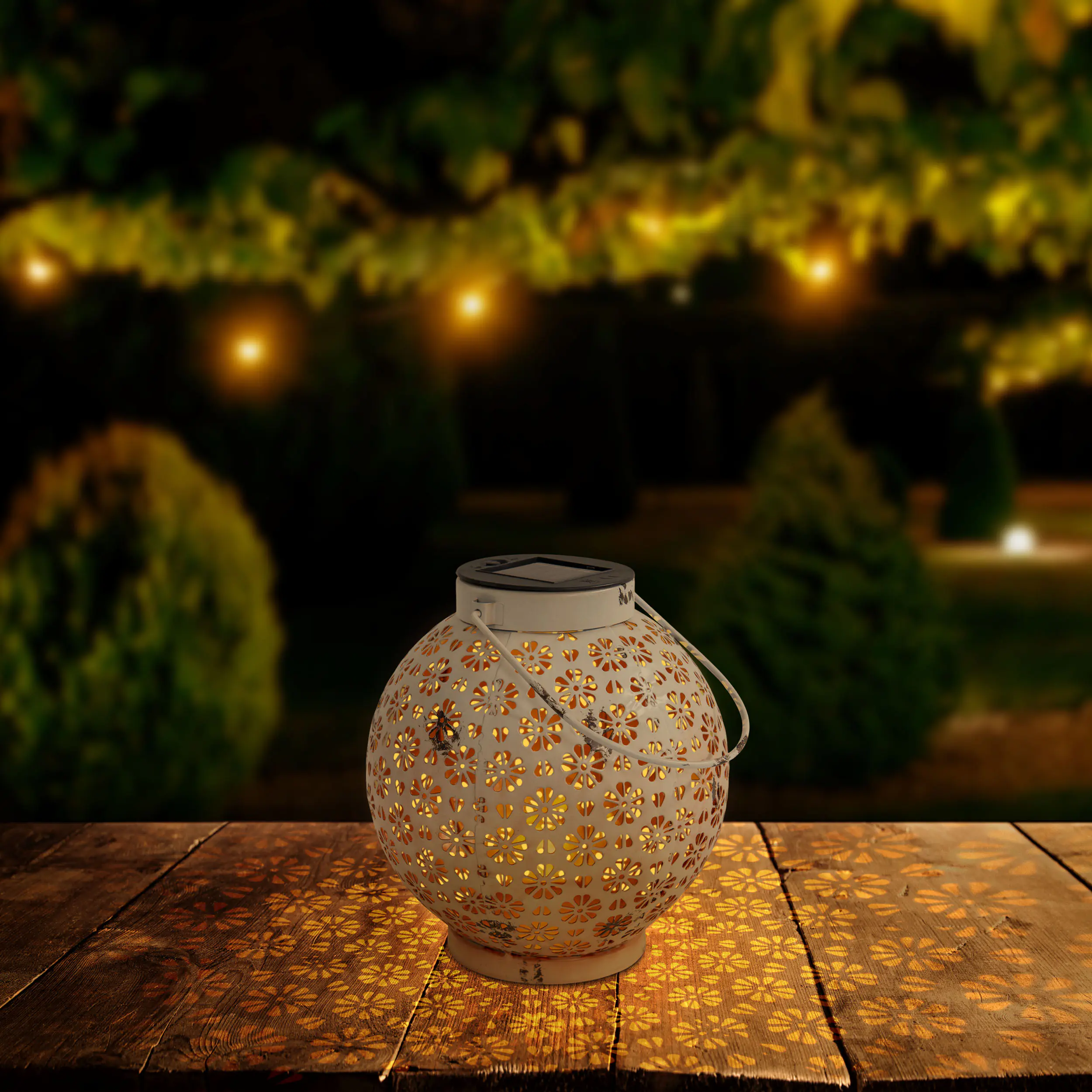 Näve Solar-Gartenleuchte LED mit Dämmerungssensor Blumenmuster 19 cm weiß