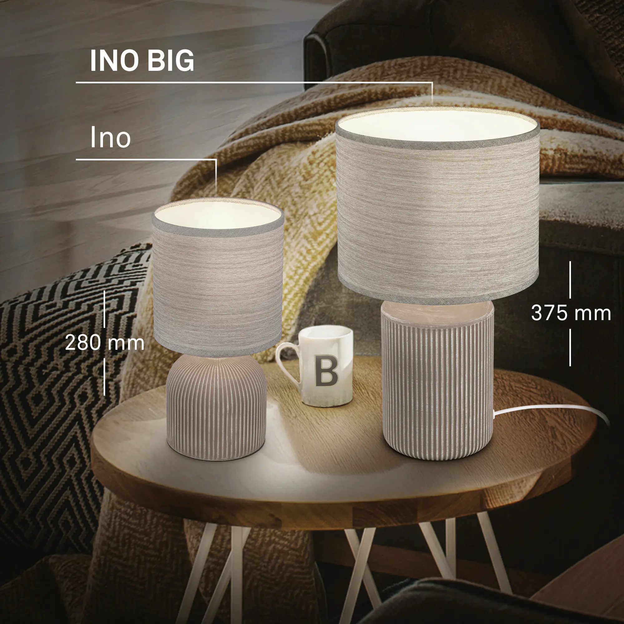 Briloner Tischleuchte Ino mit Stoffschirm braun