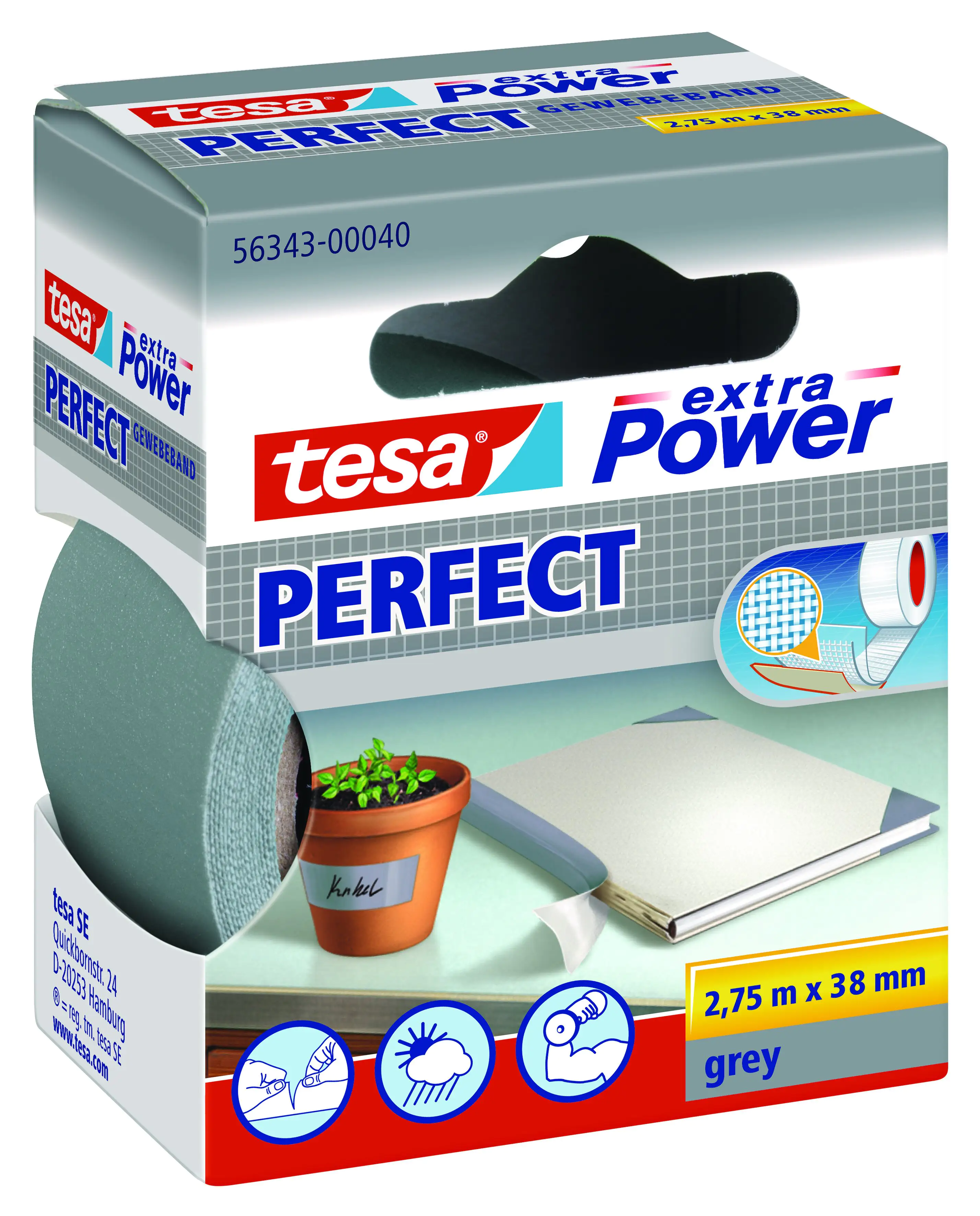 tesa extra Power Gewebeband Perfect 2,75 m x 38 mm, grau