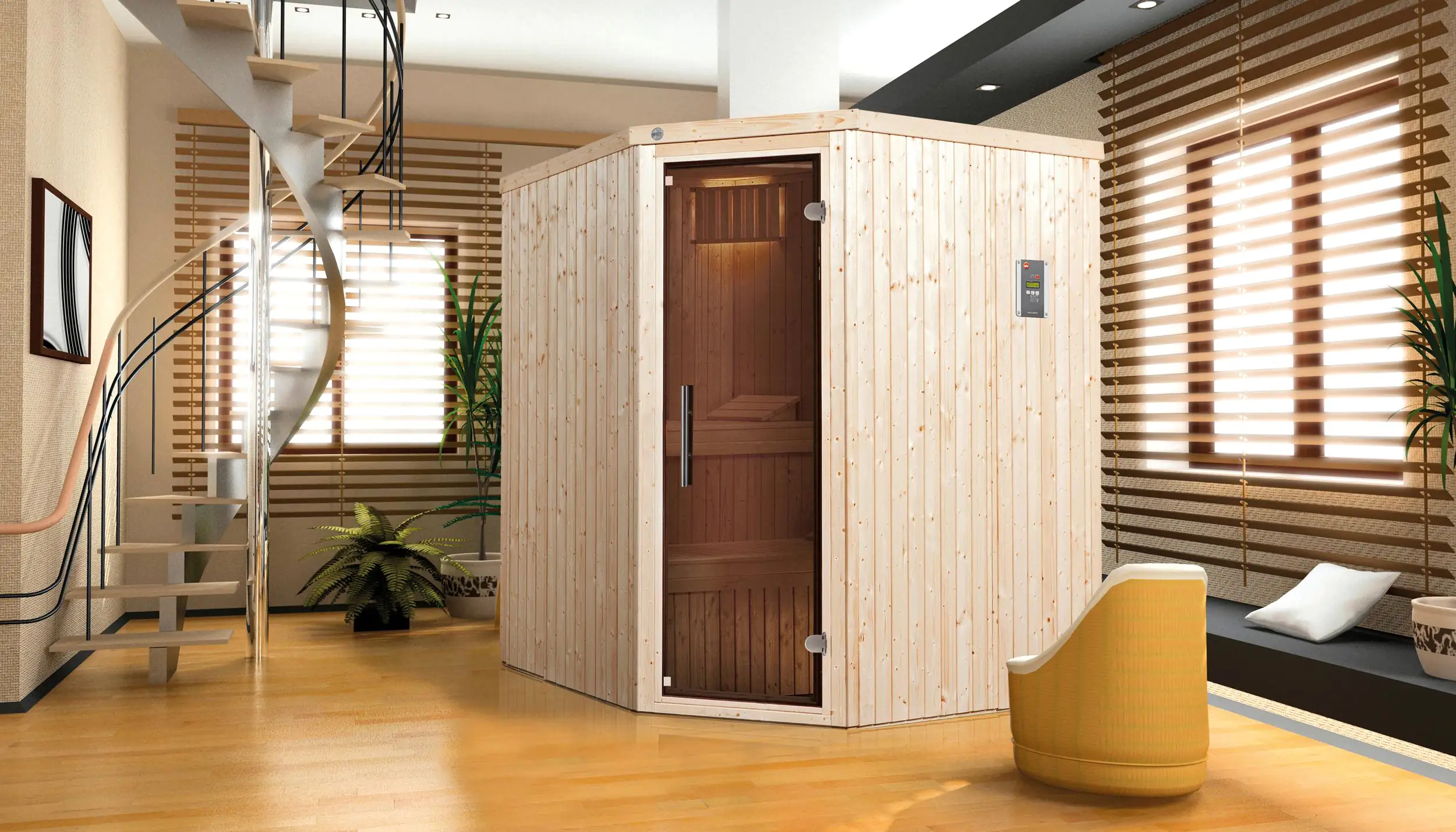 Weka Element-Sauna Kiruna 2 mit Glastür und Saunaofen