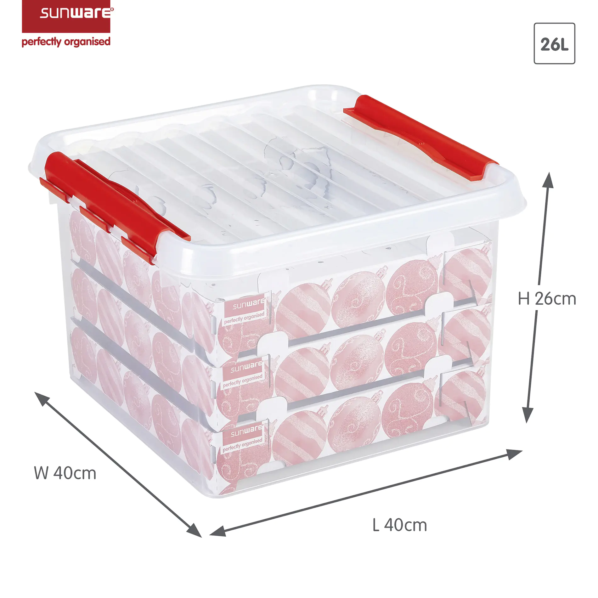 Sunware Weihnachtsbox Q-line 26L mit Einsatz für 75 Kugeln transparent rot