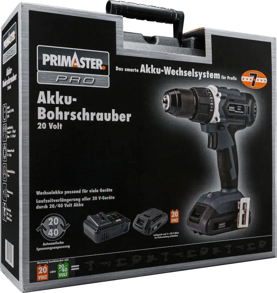 Primaster Pro Akku-Bohrschrauber PAS20BL-W 20 V mit 2 Akkus und Ladegerät