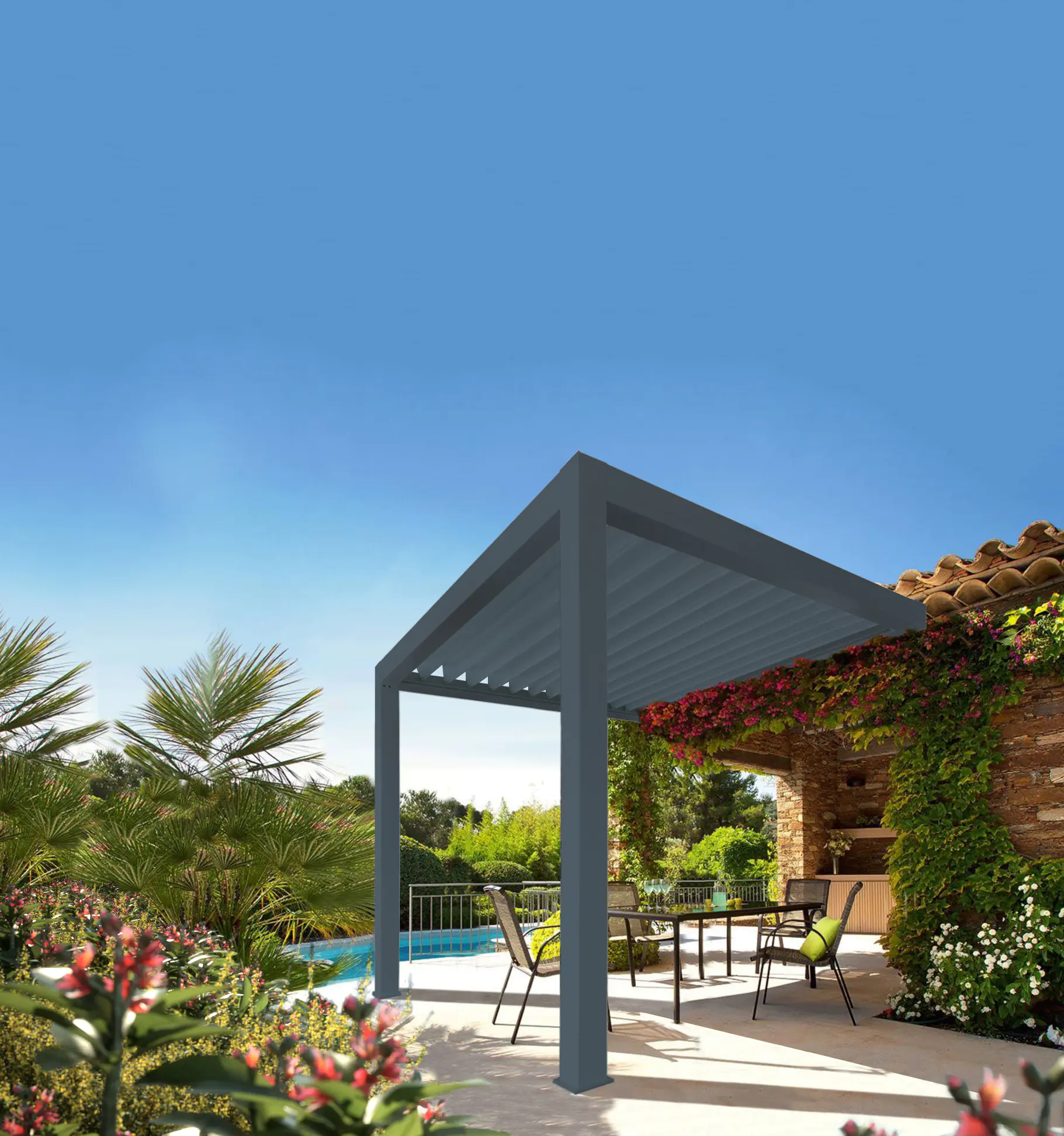 Lamellen Terrassenüberdachung 400 x 400,3 x 266 cm grau