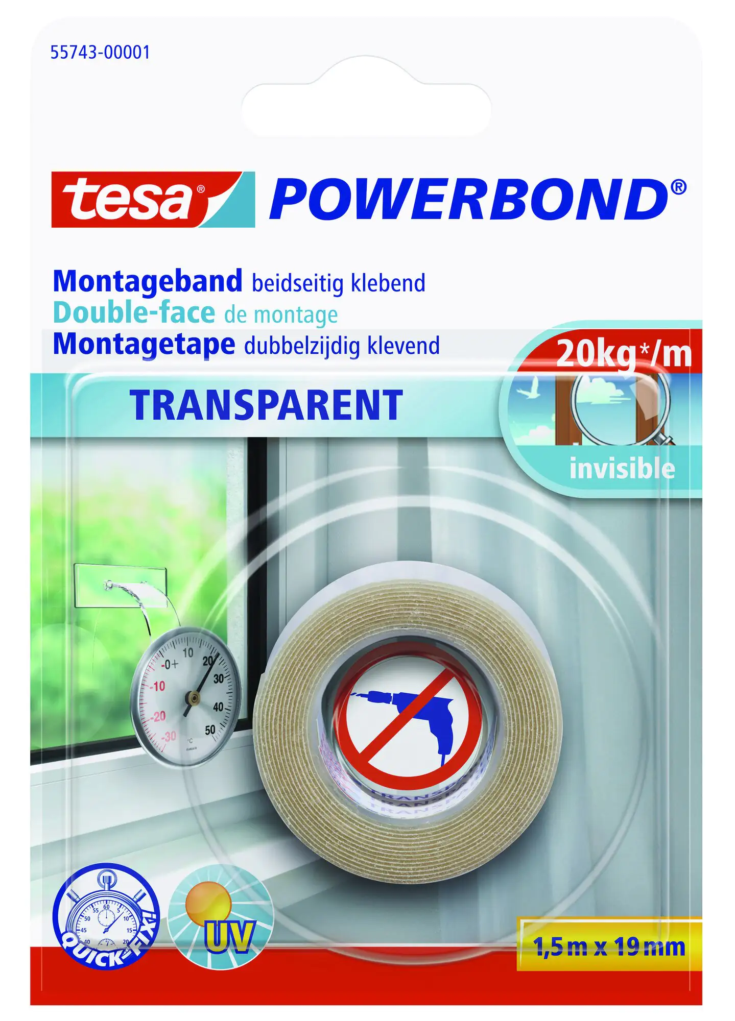tesa doppelseitiges Montageband 1,5 m x 19 mm, transparent