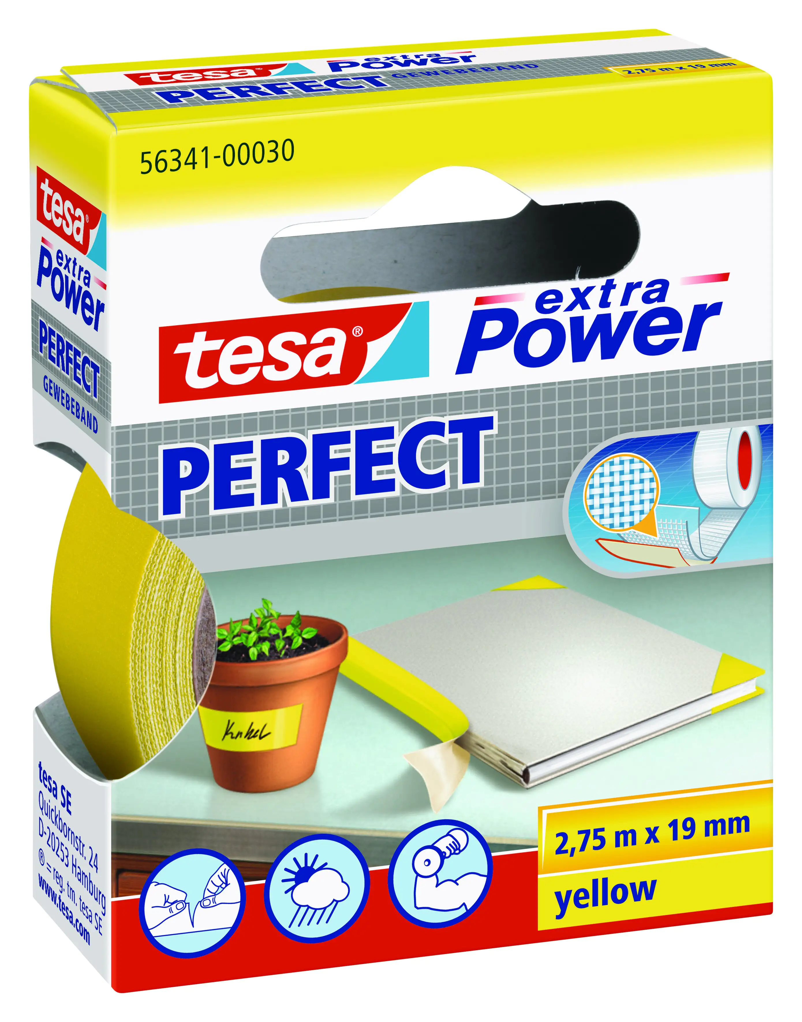 tesa extra Power Gewebeband Perfect 2,75 m x 19 mm, gelb