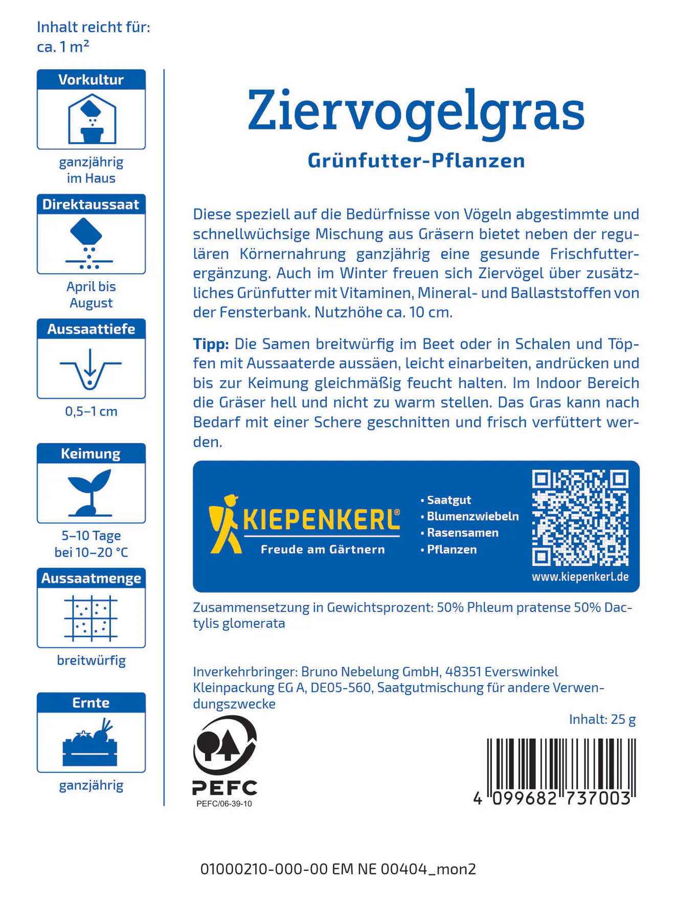 Kiepenkerl Rasensamen Ziervogelgras Frischgrün Mischung für ca. 1 m²