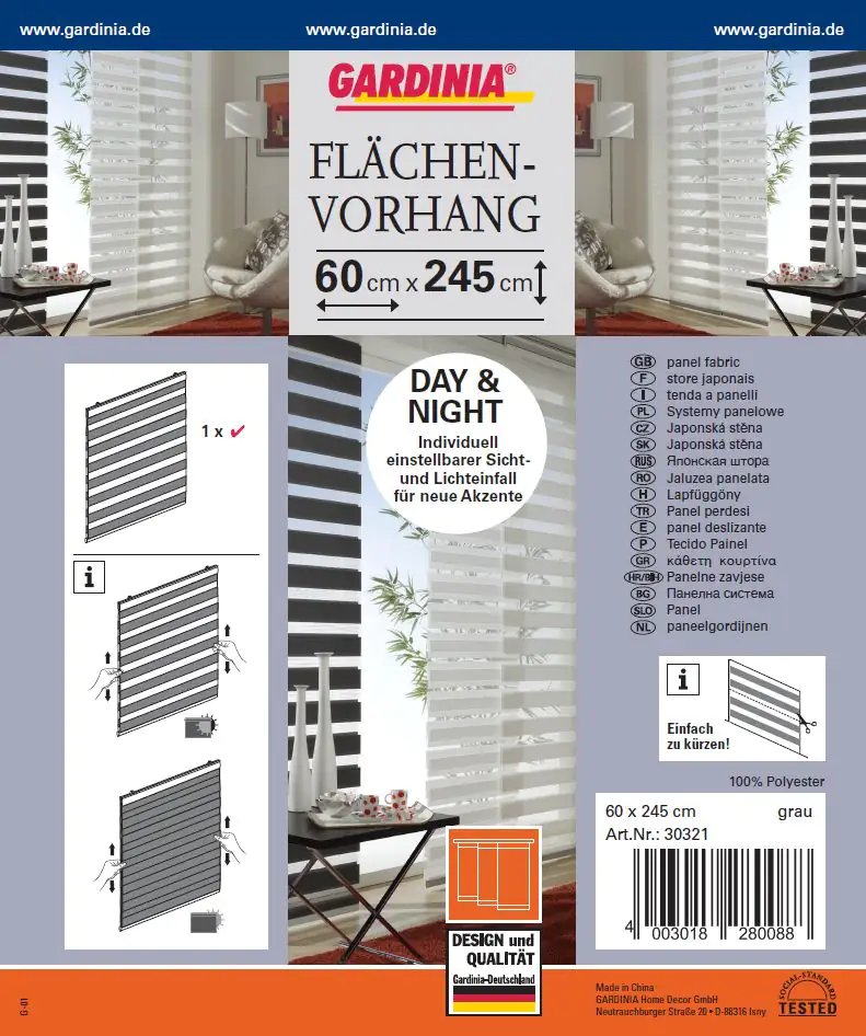 Gardinia Flächenvorhang Day+Night grau, 60 x 245 cm