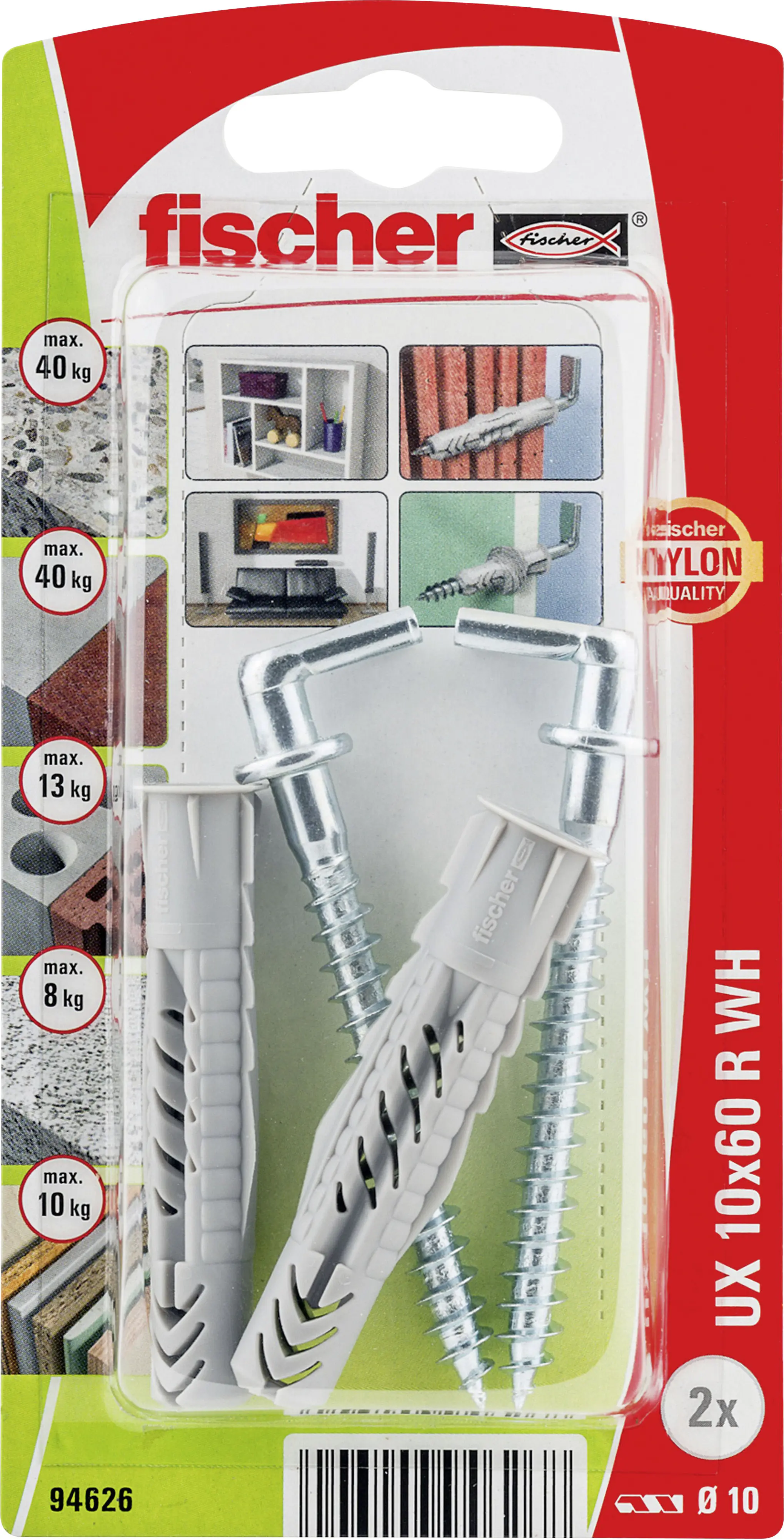 Fischer Universaldübel UX WH 10 x 60 mm mit Winkelhaken - 2 Stück