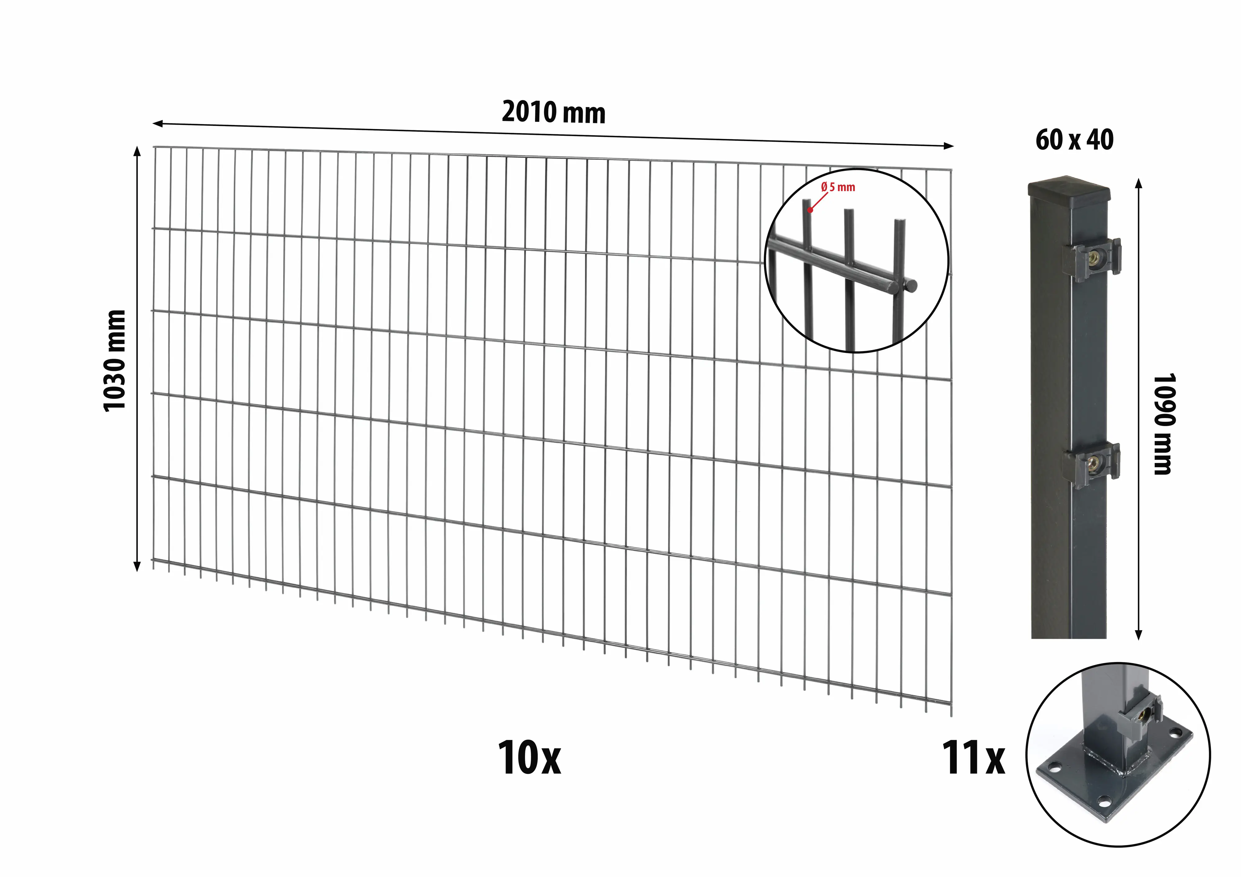 Floraworld Doppelstabmatten-Zaun Set Comfort 20 m 201 x 103 cm mit Bodenplatte & 11 Pfosten 109 cm anthrazit