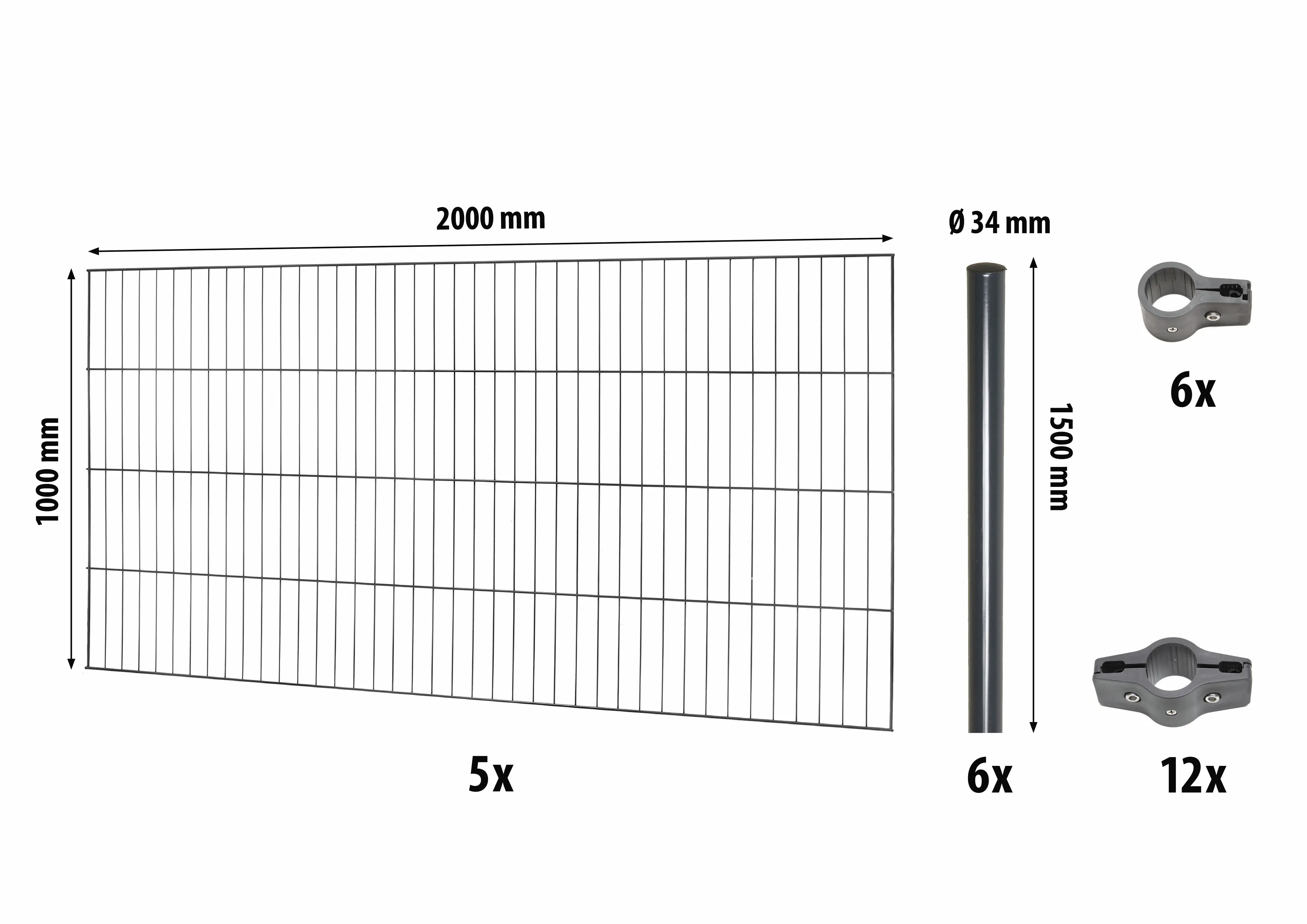 Floraworld Einstabmatten-Zaun Set Classic 10 m 200 x 100 cm inkl. 6 Pfosten 150 cm anthrazit