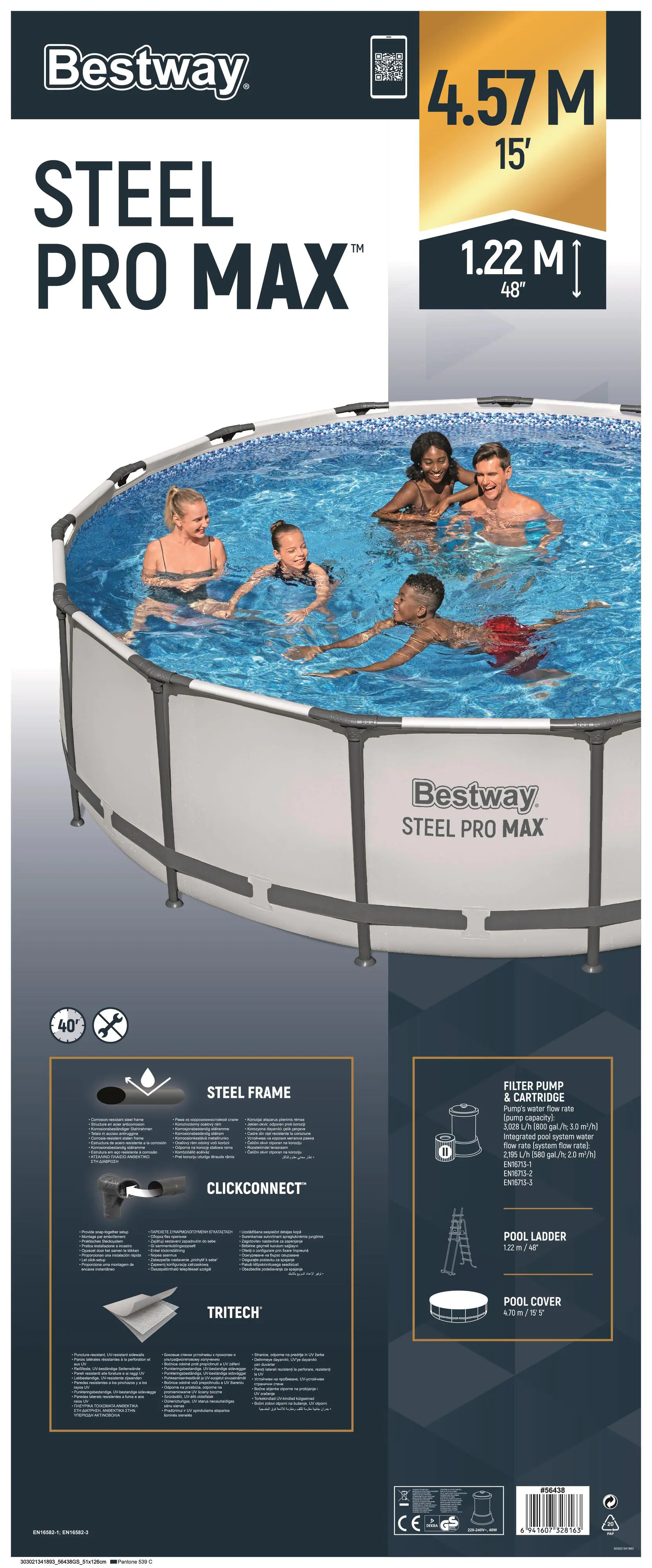 Bestway Steel Pro MAX Frame Pool Komplett-Set mit Filterpumpe Ø 457 x 122 cm, lichtgrau, rund