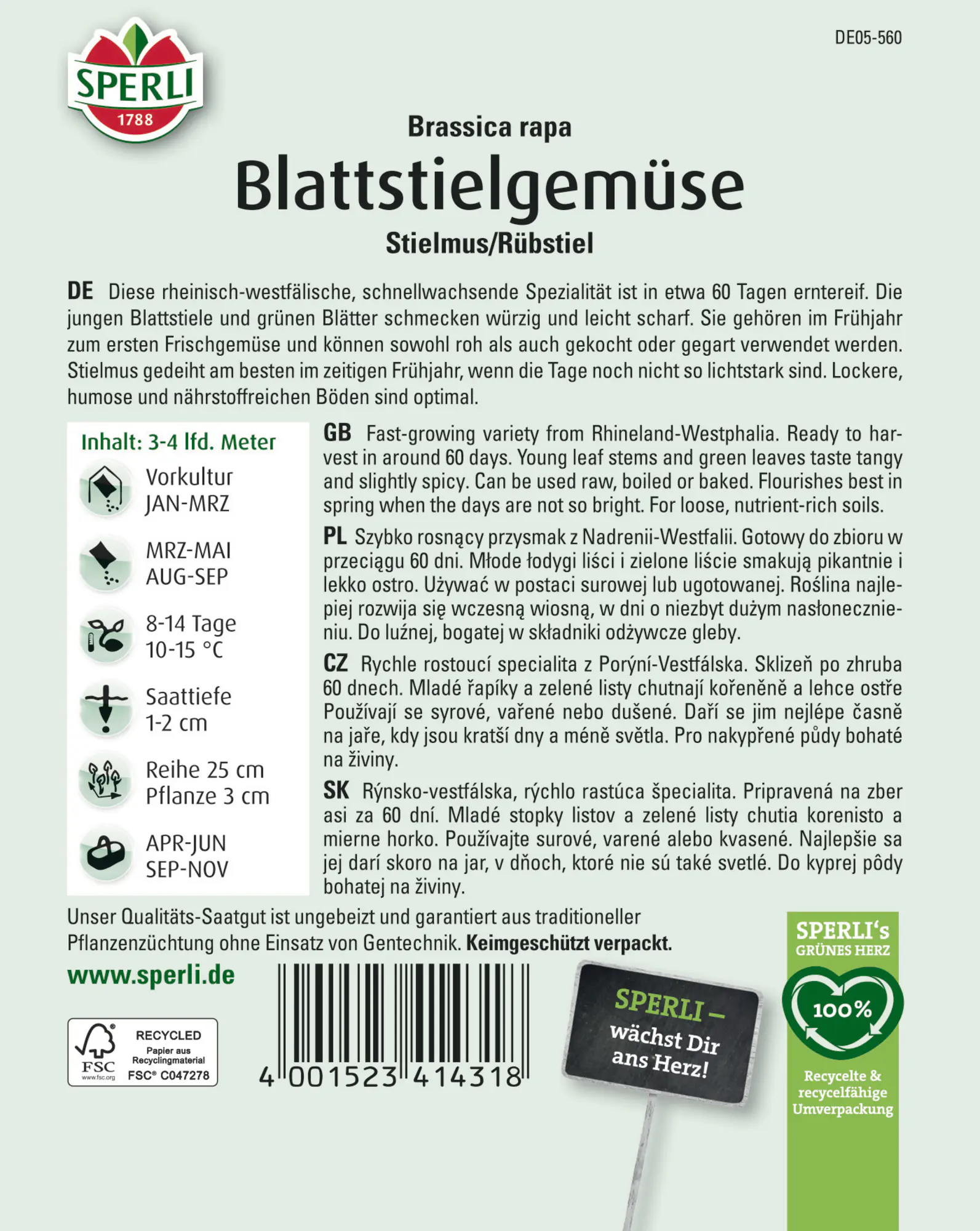 Sperli Saatgut Blattstielgemüse Stielmus/Rübstiel 2 g
