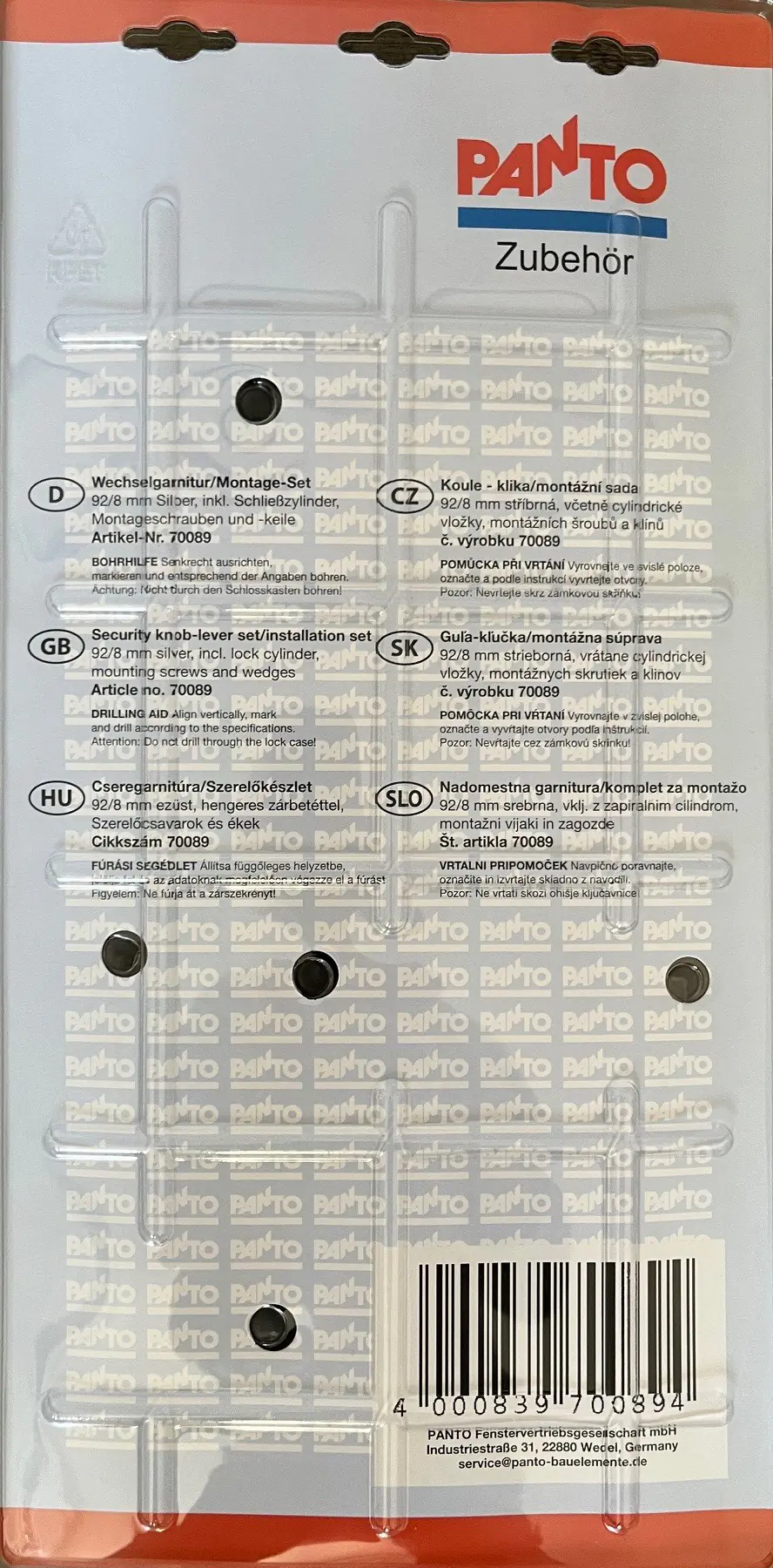 Panto Drückergarnitur 92/8 mm Aluminium inkl. Zylinder und Montageset