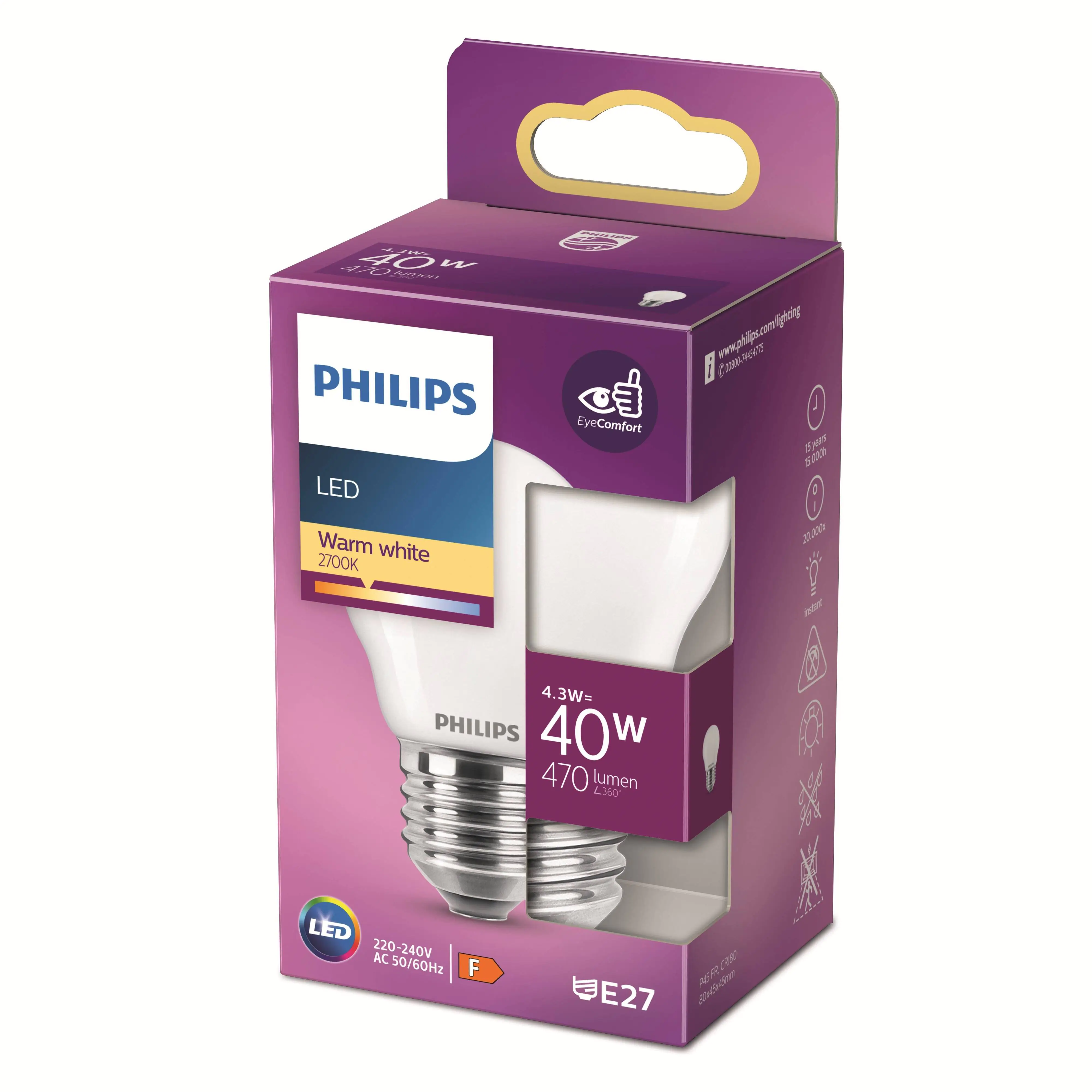 Philips LED-Leuchtmittel Filament Tropfenform P45 E27 4,3W warmweiß matt
