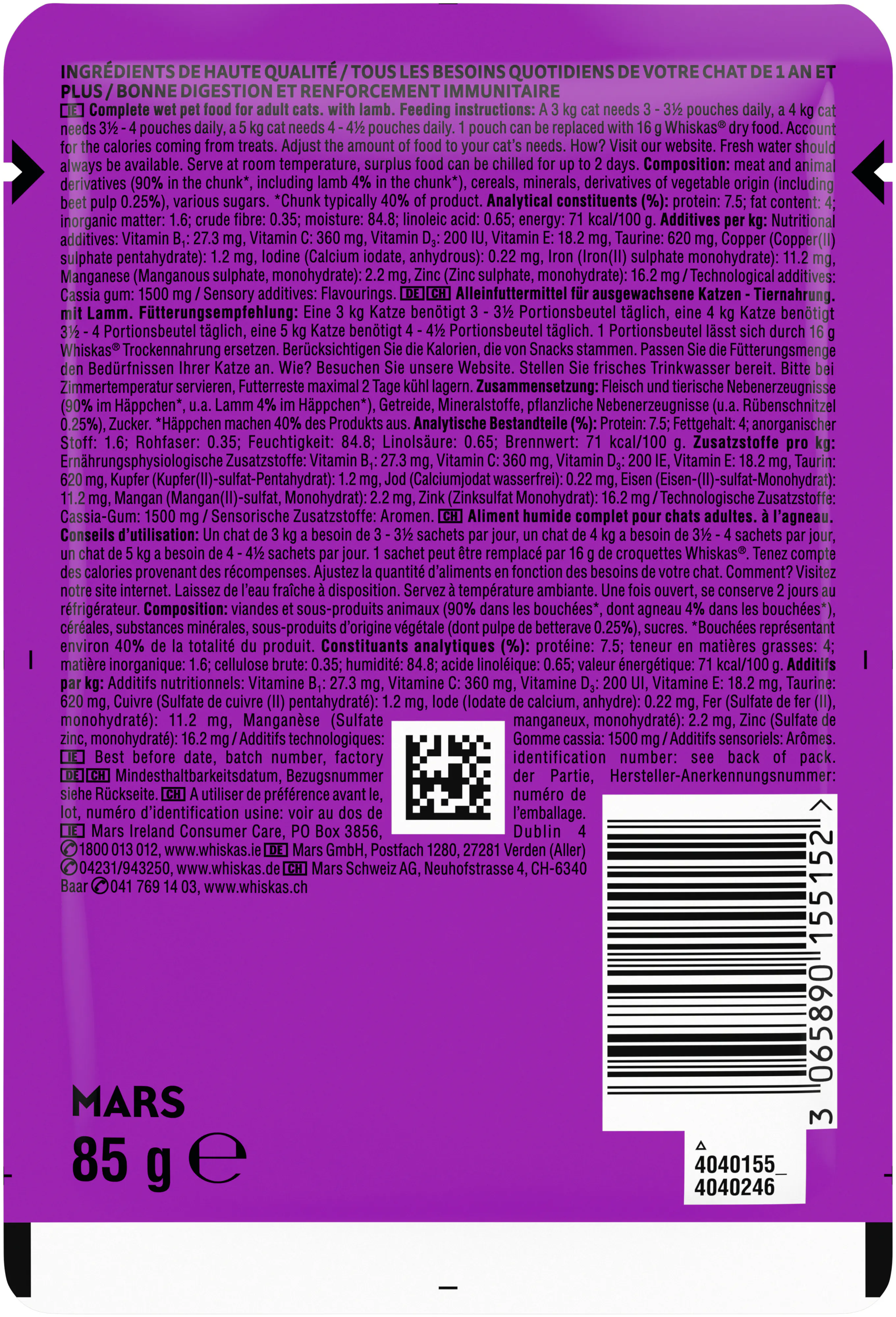 Whiskas Katzennassfutter Adult 85 g Lamm in Sauce