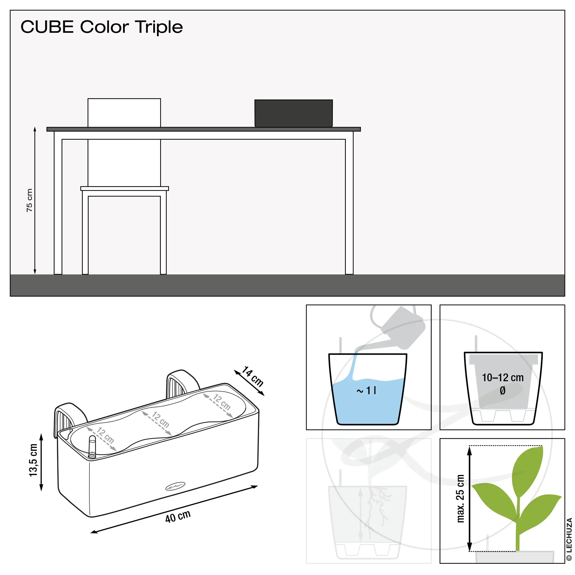 Lechuza Übertopf Cube Color Triple 14 x 40 x 13,5 cm weiß
