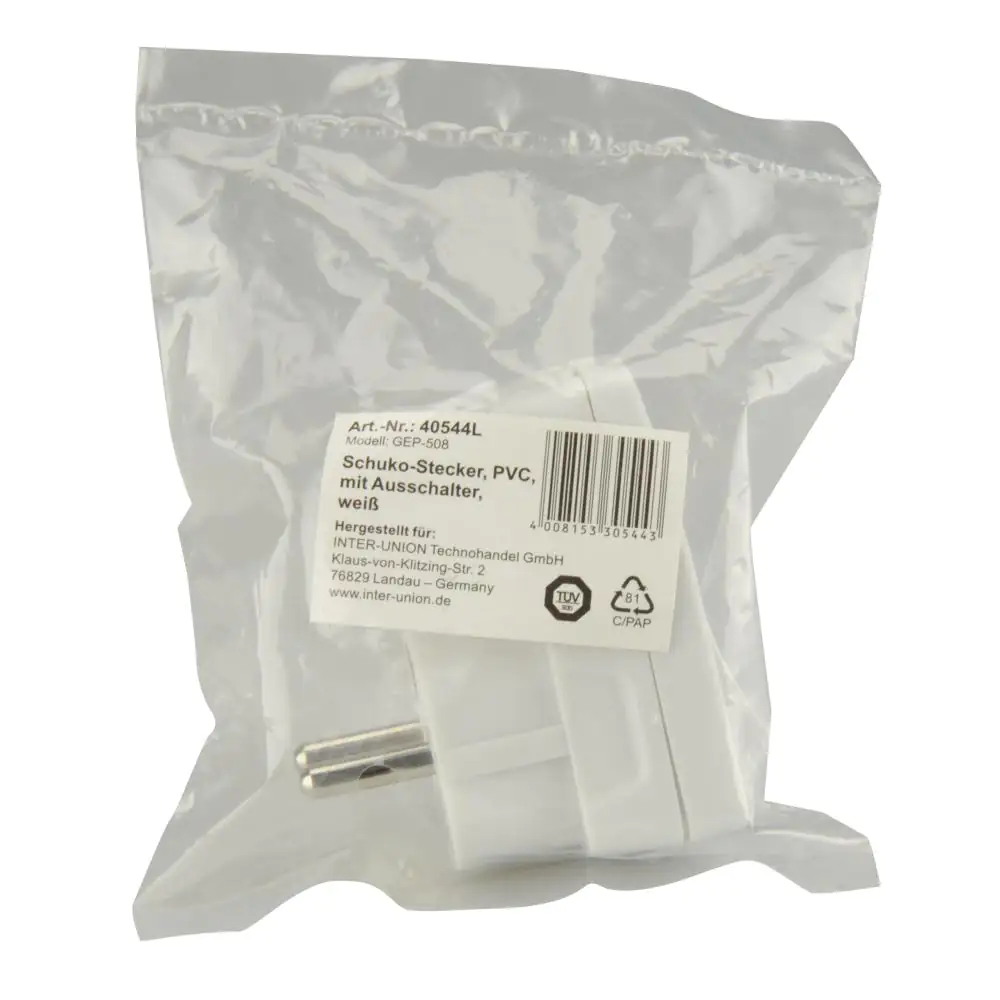 Schutzkontakt-Stecker Schalter weiß, mit Ein-/Ausschalter