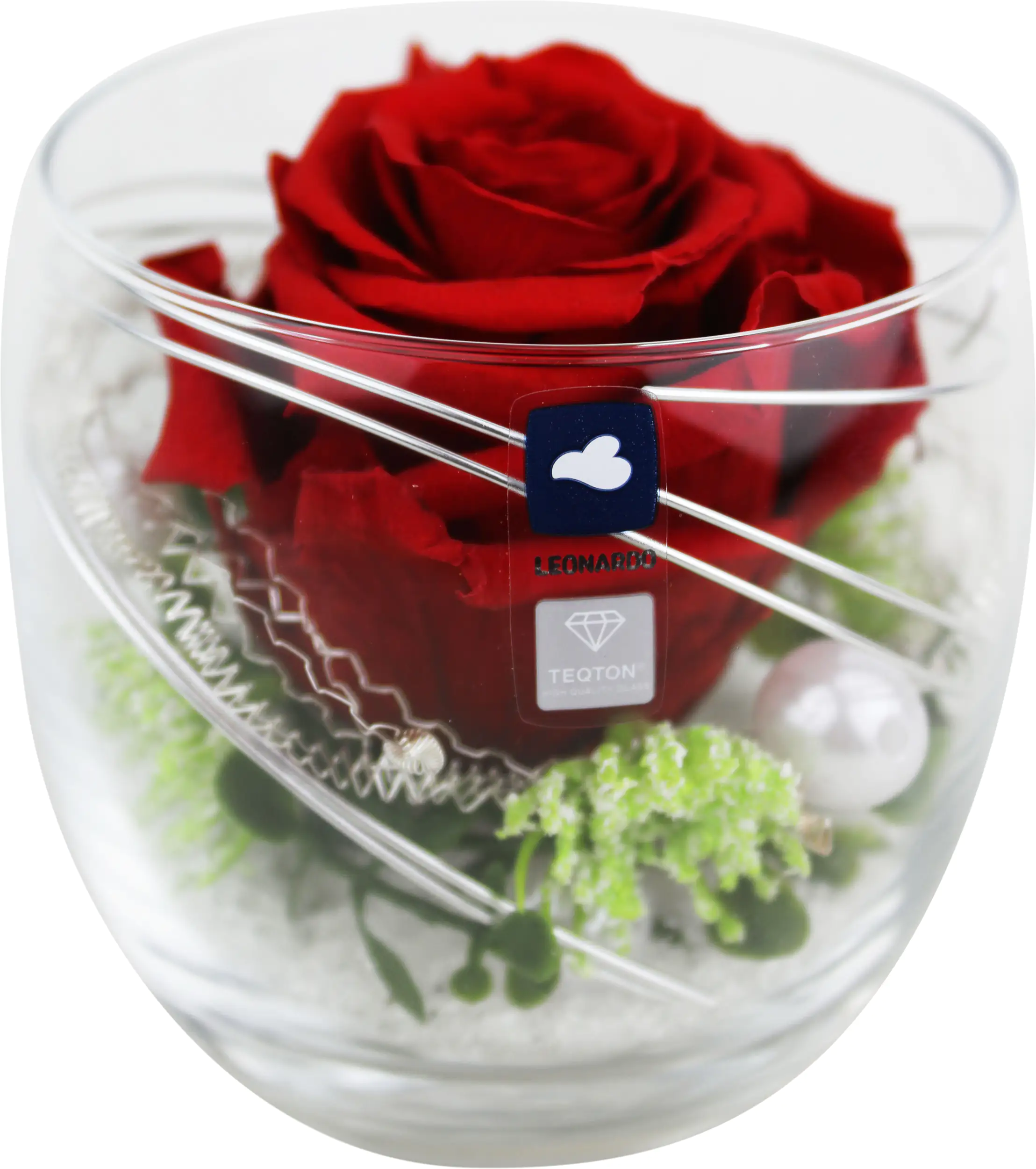 Arrangement Langzeitrose "Long Life", rot im Whiskeyglas mit Deko