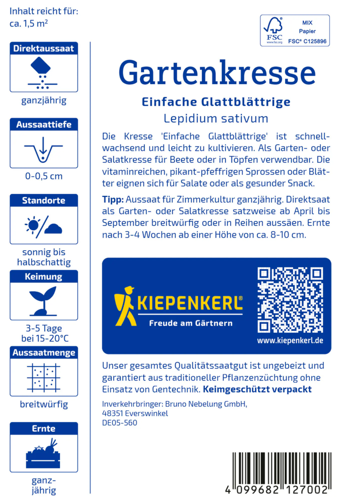 Kiepenkerl Saatgut Kresse Einfache Glattblättrige für ca. 1 - 2 m²