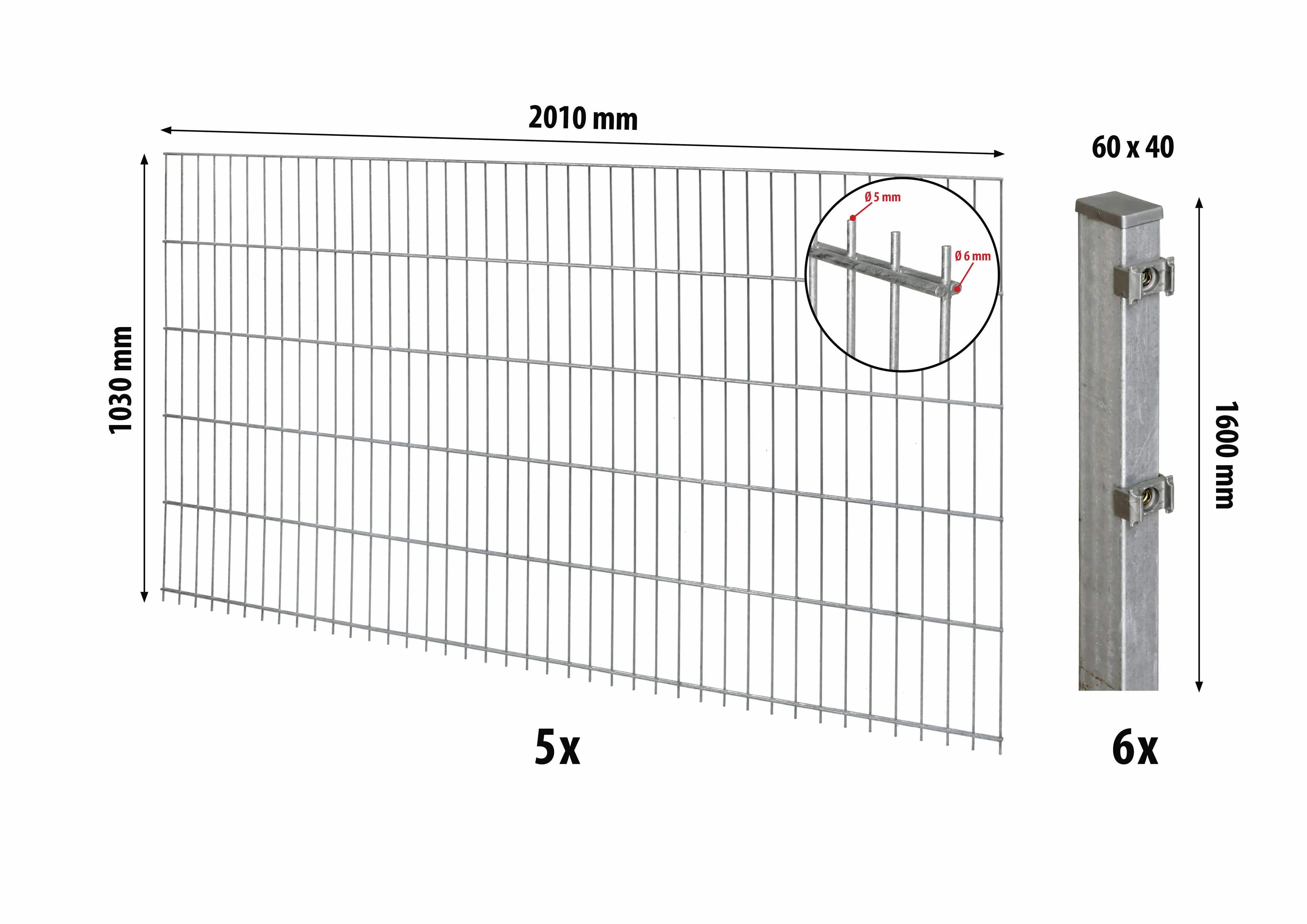 Floraworld Doppelstabmatten-Zaun Set Comfort 10 m 201 x 103 cm inkl. 6 Pfosten 160 cm feuerverzinkt