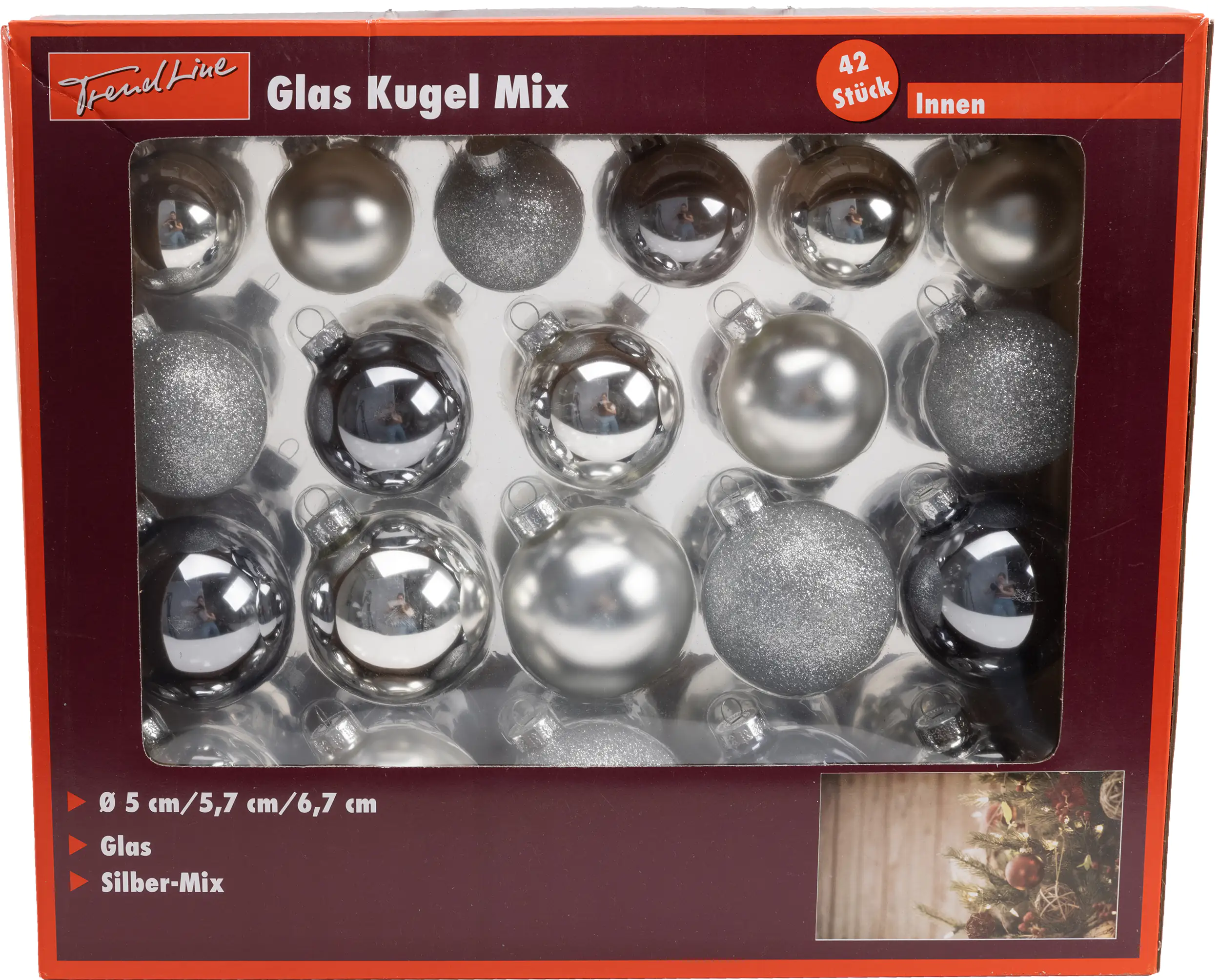 TrendLine Weihnachtskugeln aus Glas Ø 5/ 5,7/ 6,7 cm silber 42 Stück