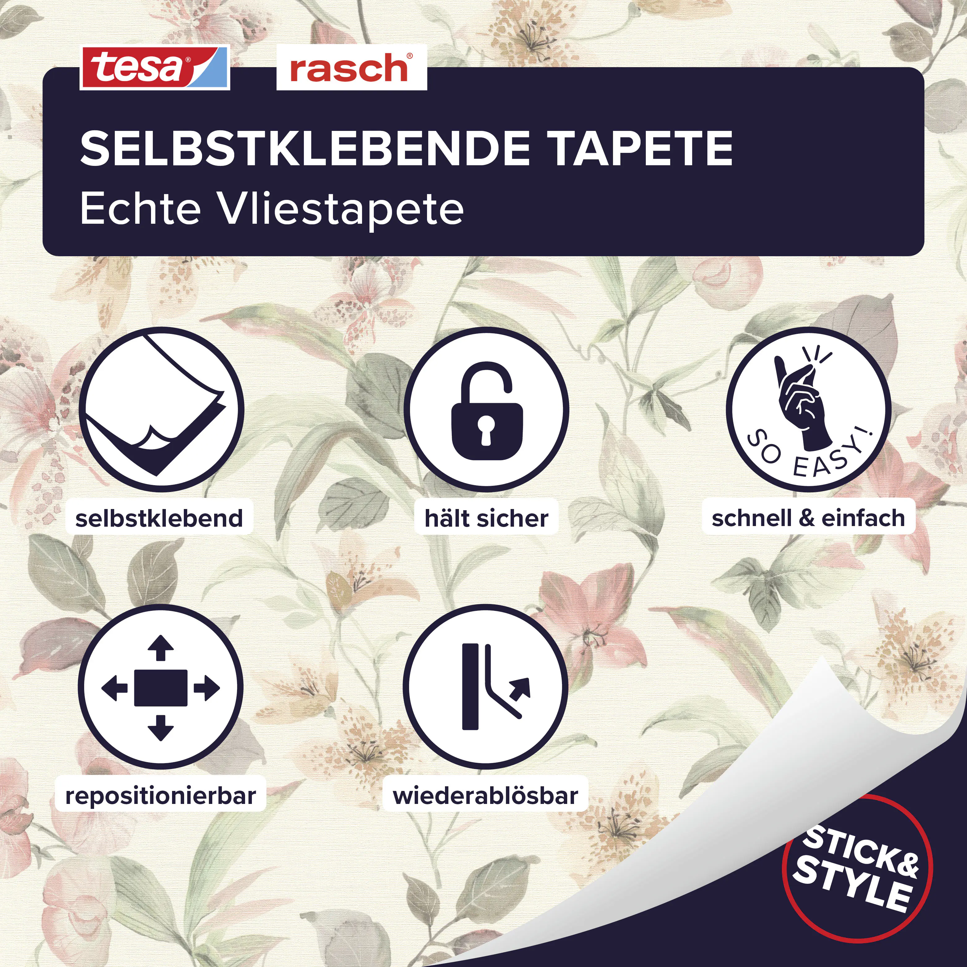 Tesa x Rasch selbstklebende Tapete Lumina Pflanzen Blüten Blätter mehrfarbig 6 x 0,53 m