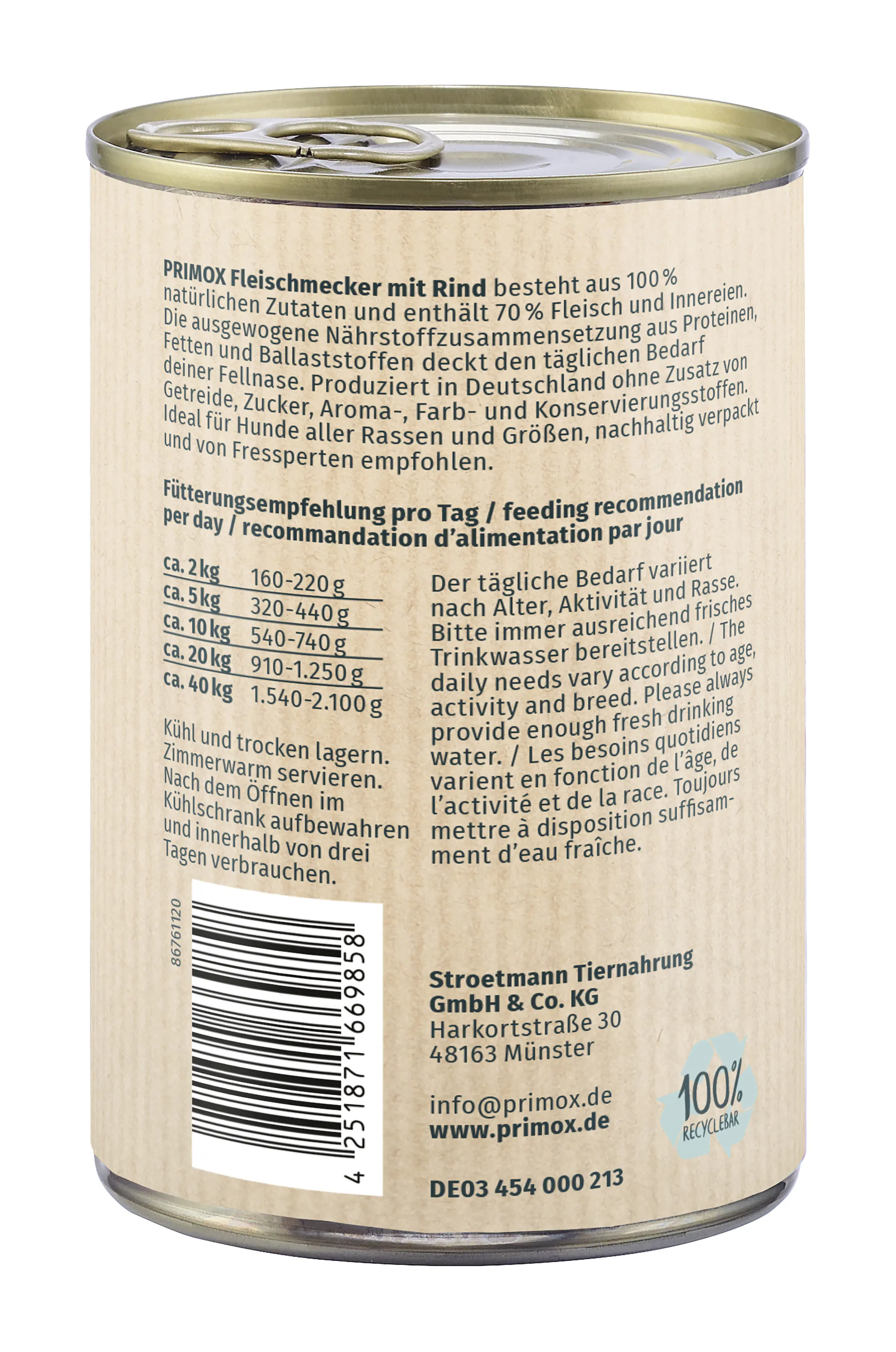 Primox Hundenassfutter Adult getreidefrei 400 g Rind