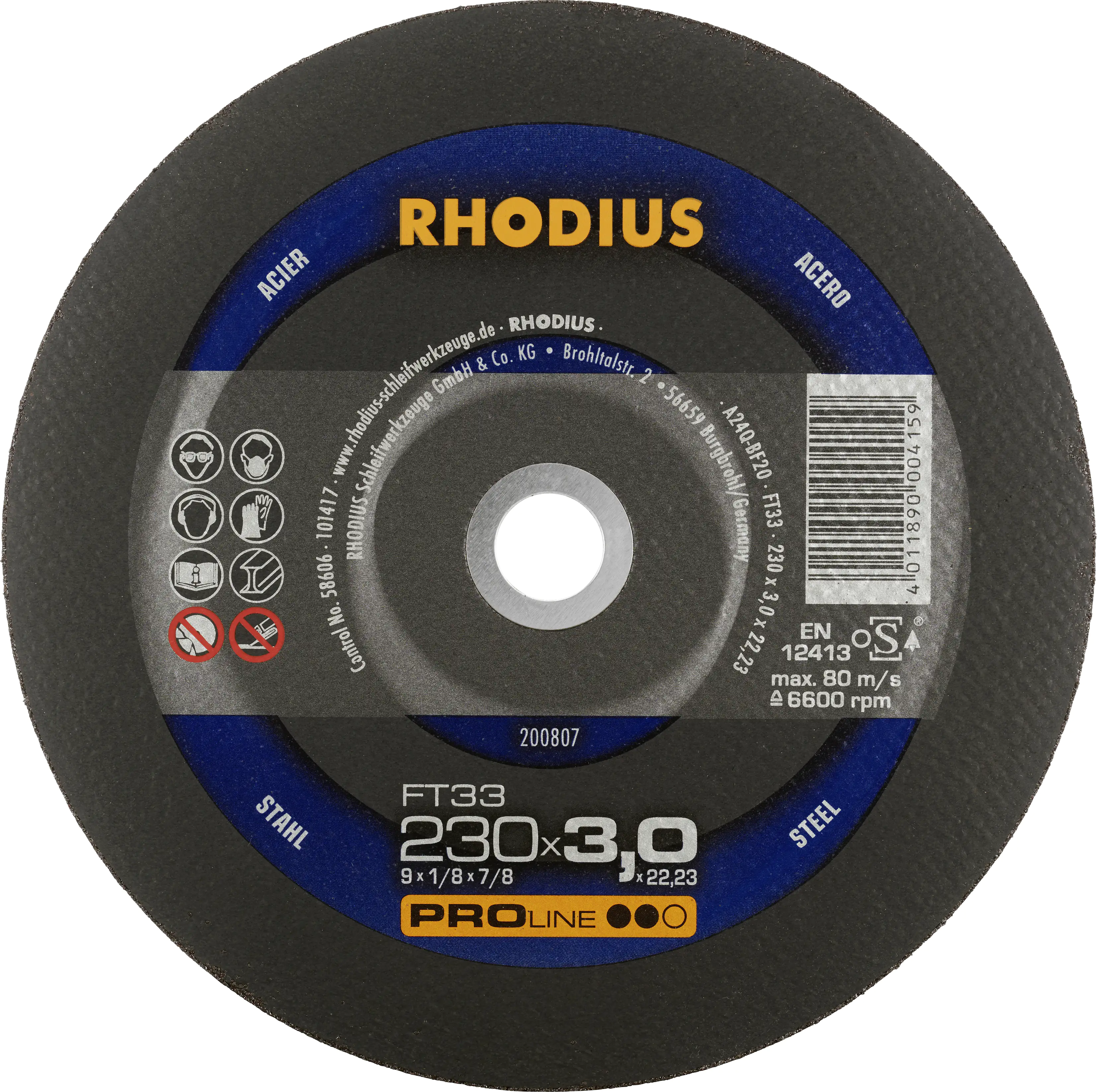 Rhodius Freihandtrennscheibe FT33 Stahl Ø 230 mm Bohrung 22,23 mm