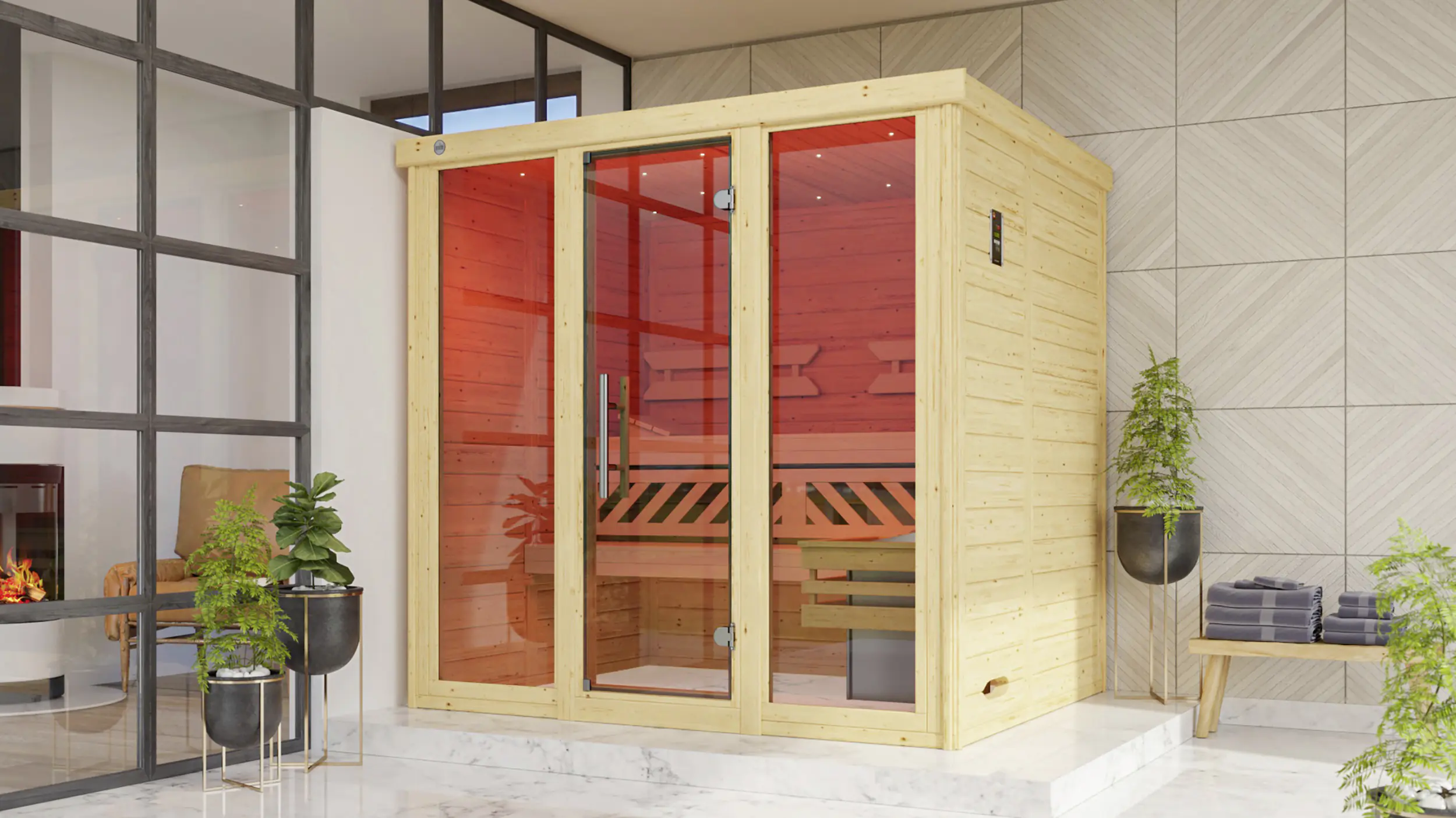 Weka Massivholz-Elementsauna Kemi Panorama 2 mit Glastür, 2 Fenstern und Saunaofen