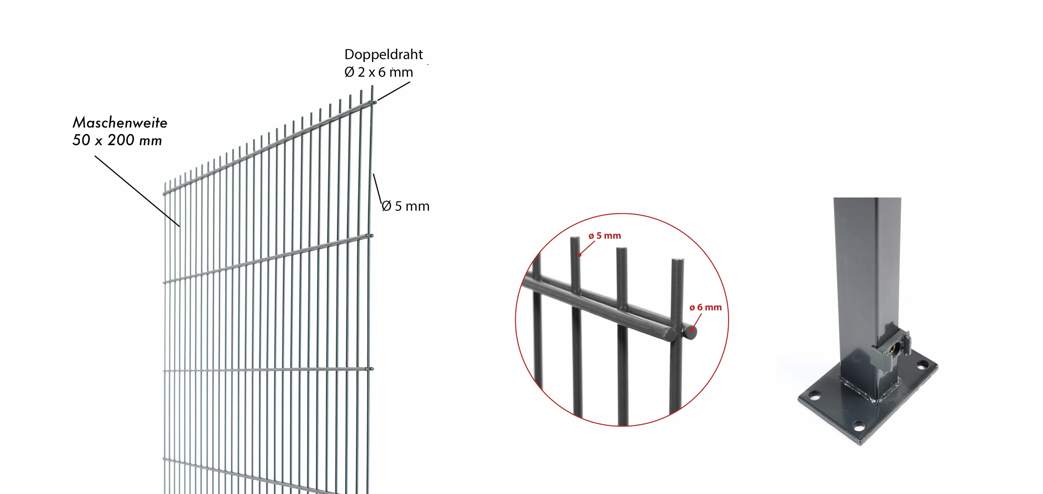 Floraworld Doppelstabmatten-Zaun Set Comfort 20 m 201 x 83 cm mit Bodenplatte & 11 Pfosten 89 cm anthrazit
