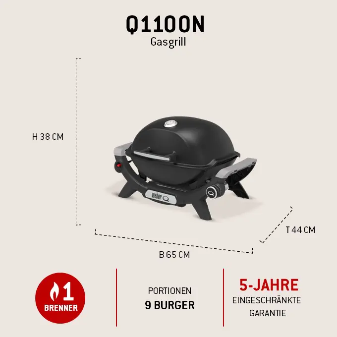 Weber Gasgrill Q1100N, schwarz, 38x66x44 cm, 2,94 kW