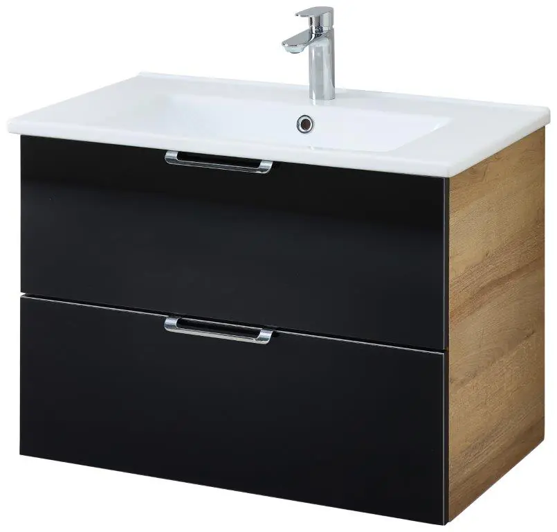 Pelipal Bad-Waschtischunterschrank mit Keramikwaschtisch Münster Riviera Eiche Dekor schwarz 75 x 54 cm