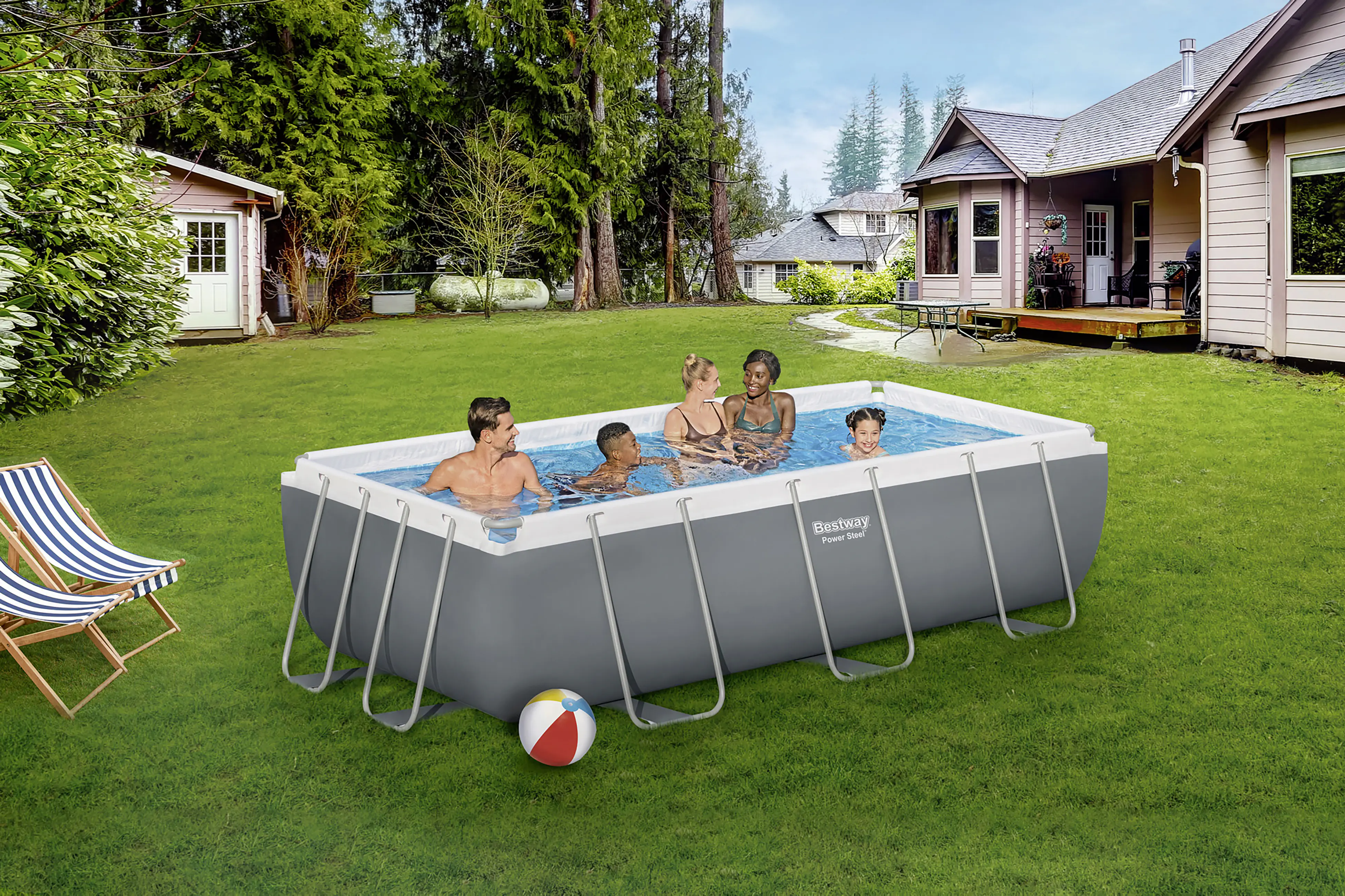 Bestway Power Steel Frame Pool Set mit Filterpumpe 404 x 201 x 100 cm, grau, eckig