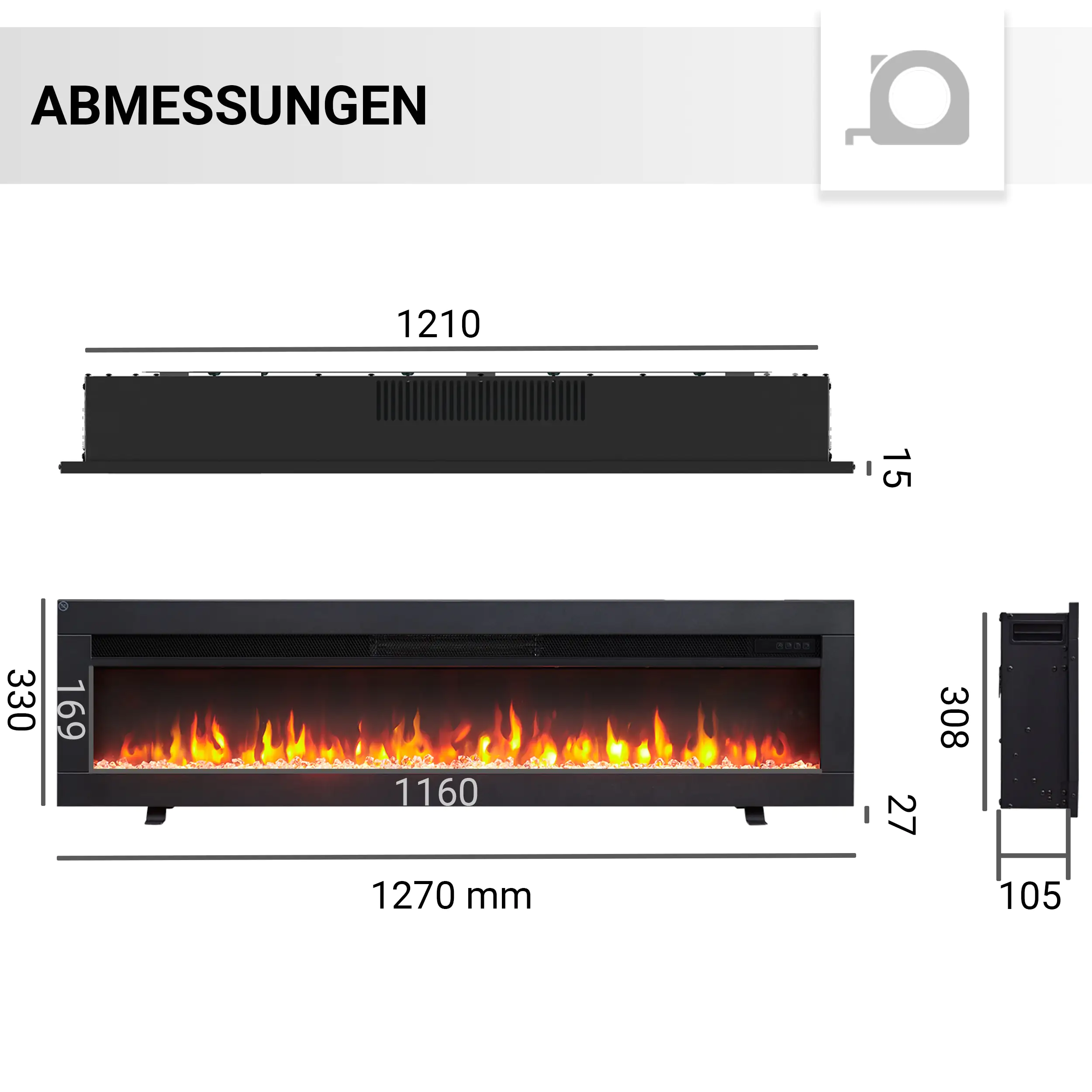 BALDERIA Elektrokamin schwarz Agnes 50 1000/1800 Watt 33 x 127 cm