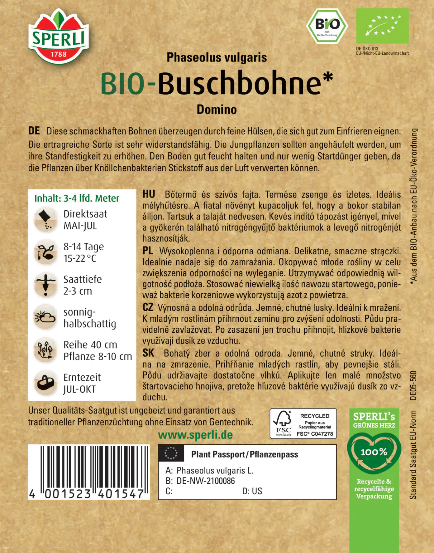 Sperli BIO Buschbohne fein