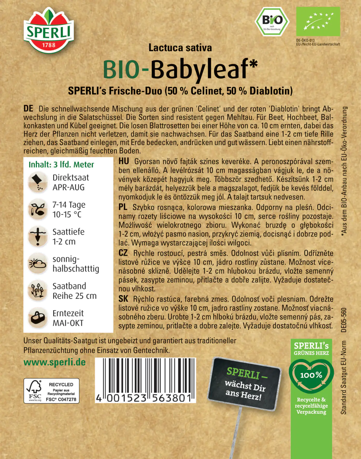 Sperli BIO Babyleafsalat Mischung Saatband