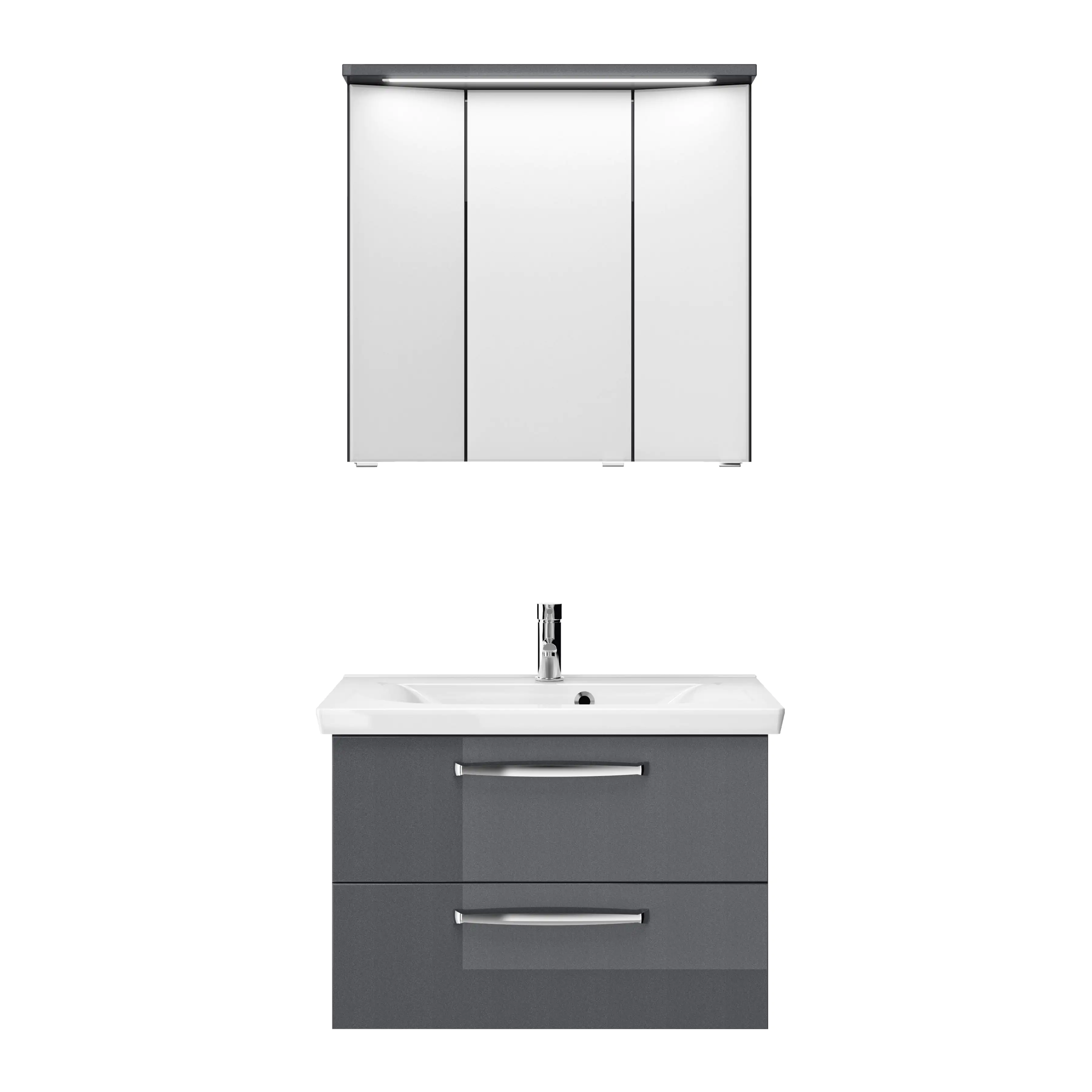 Pelipal Badmöbel-Set Trentino Anthrazit Hgl mit Mineralmarmor-Waschtisch + Kranz-Leuchte 80 cm