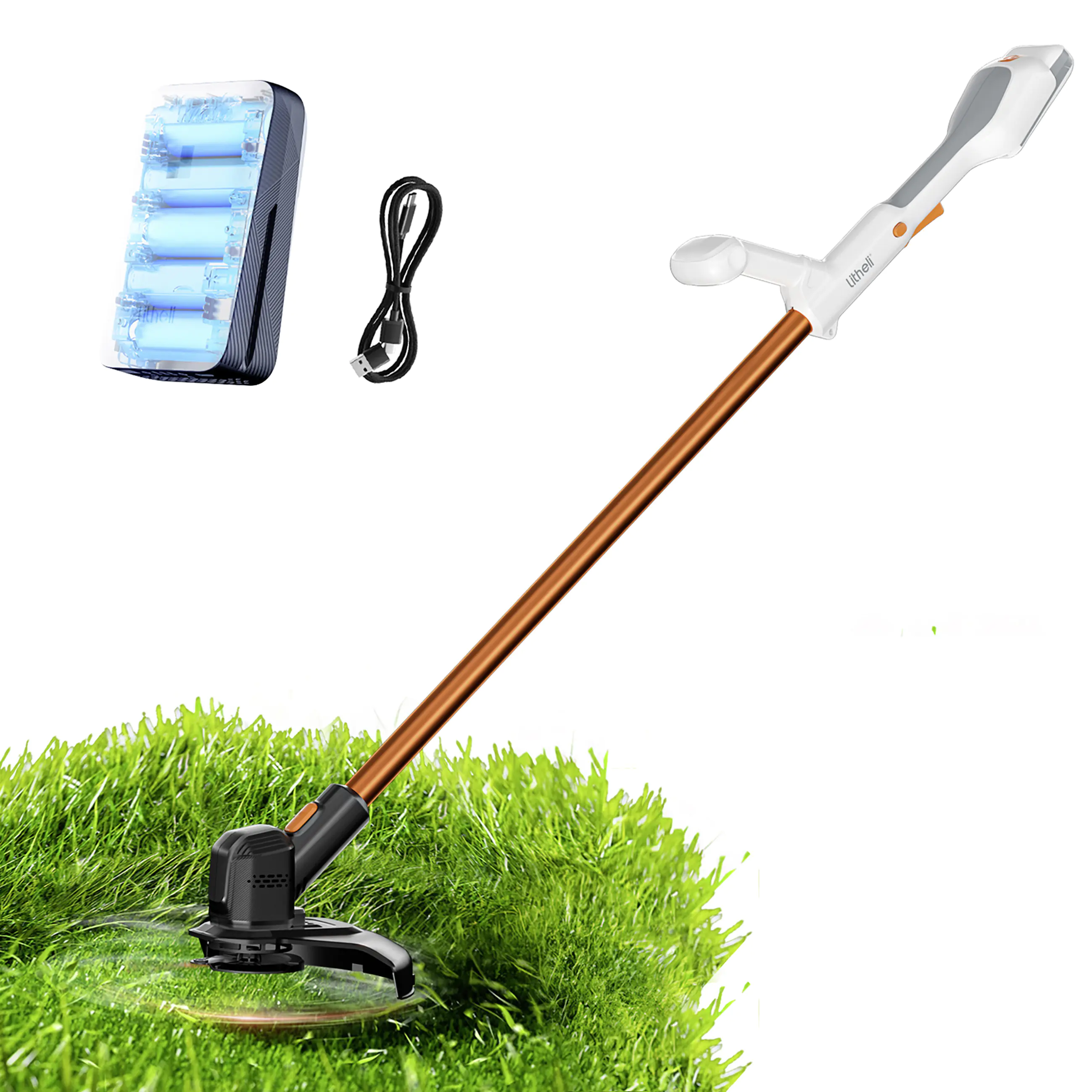 Litheli Akku-Rasentrimmer Handy+ U20 25cm Schnittkreis, Inklusive 1 x SE-Akku 2,0 Ah und 10 Nylonmesser