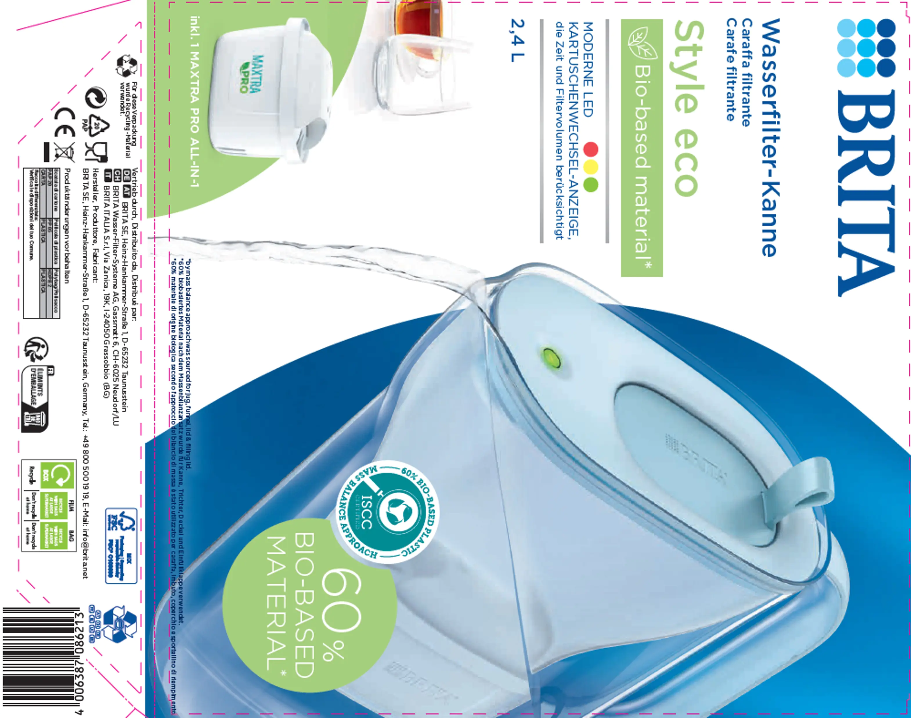 Brita Tischwasserfilter Style eco blau, 2,4 l Füllmenge