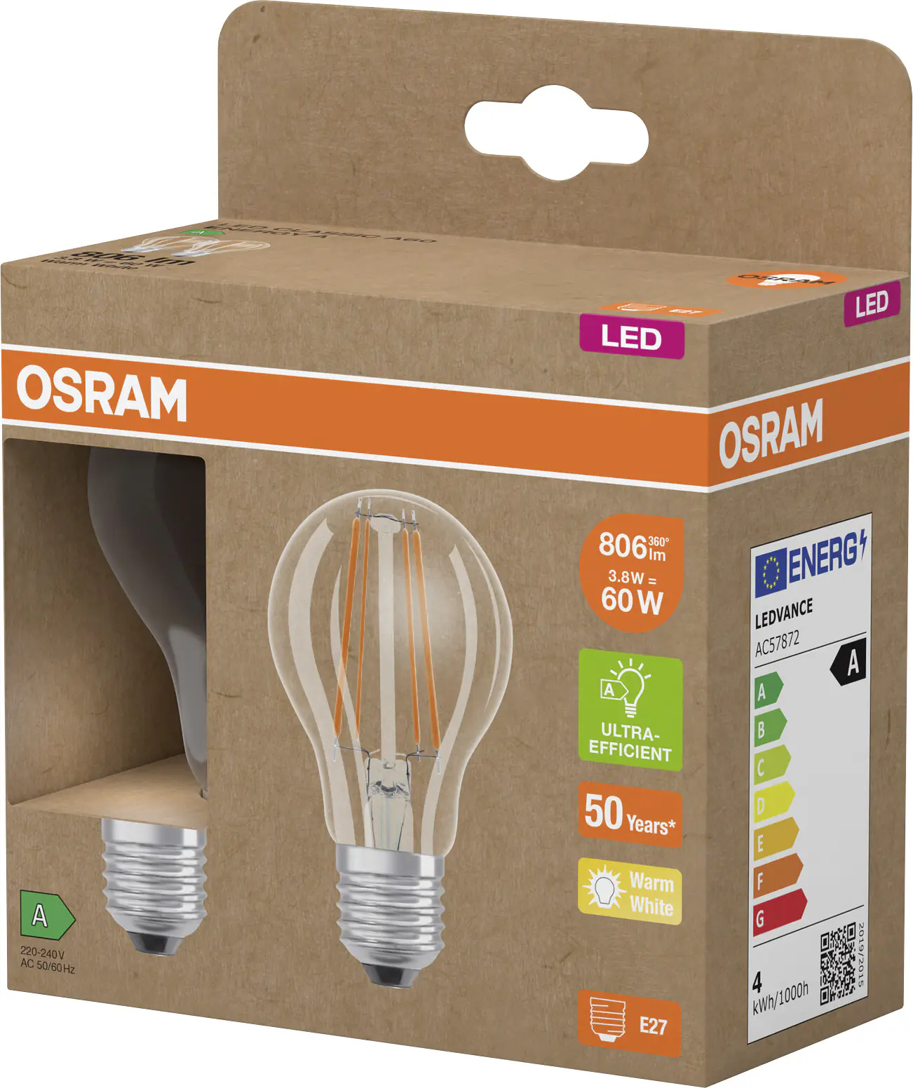 Osram LED Leuchtmittel E27 2er Pack Classic 3,8W klar warmweiß