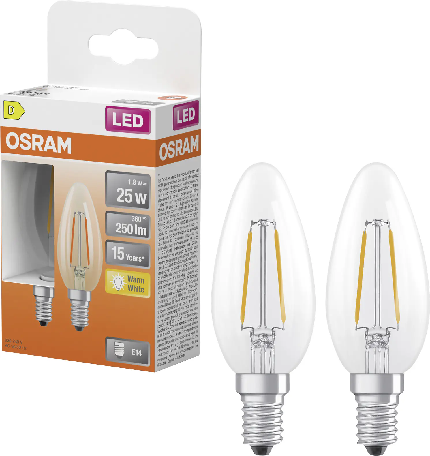 Osram LED Leuchtmittel E14 2er Pack Star Classic 1,8W klar warmweiß