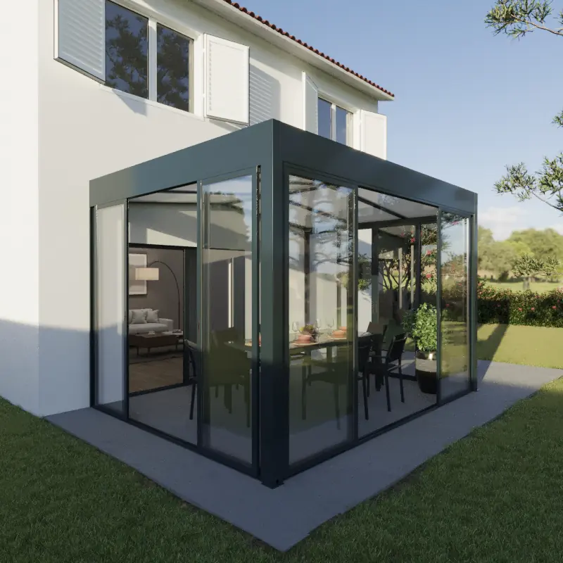 Wintergarten Modern 400 x 300 cm mit Glasschiebetüren grau