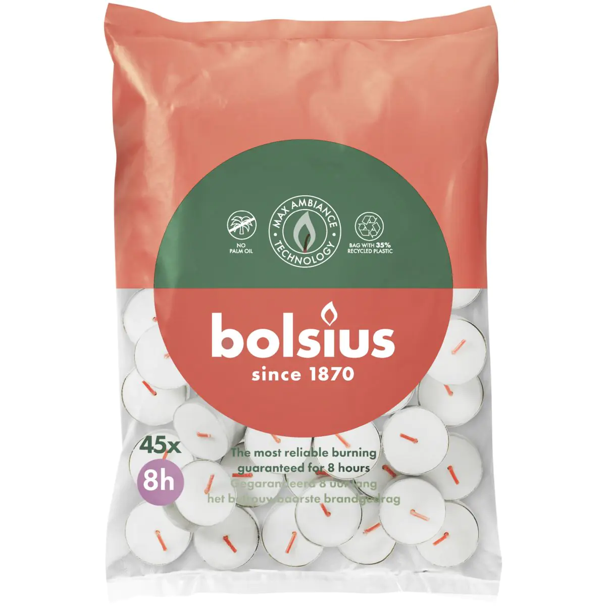 Bolsius Teelichte 8 Stunden Beutel 45 Stück weiß