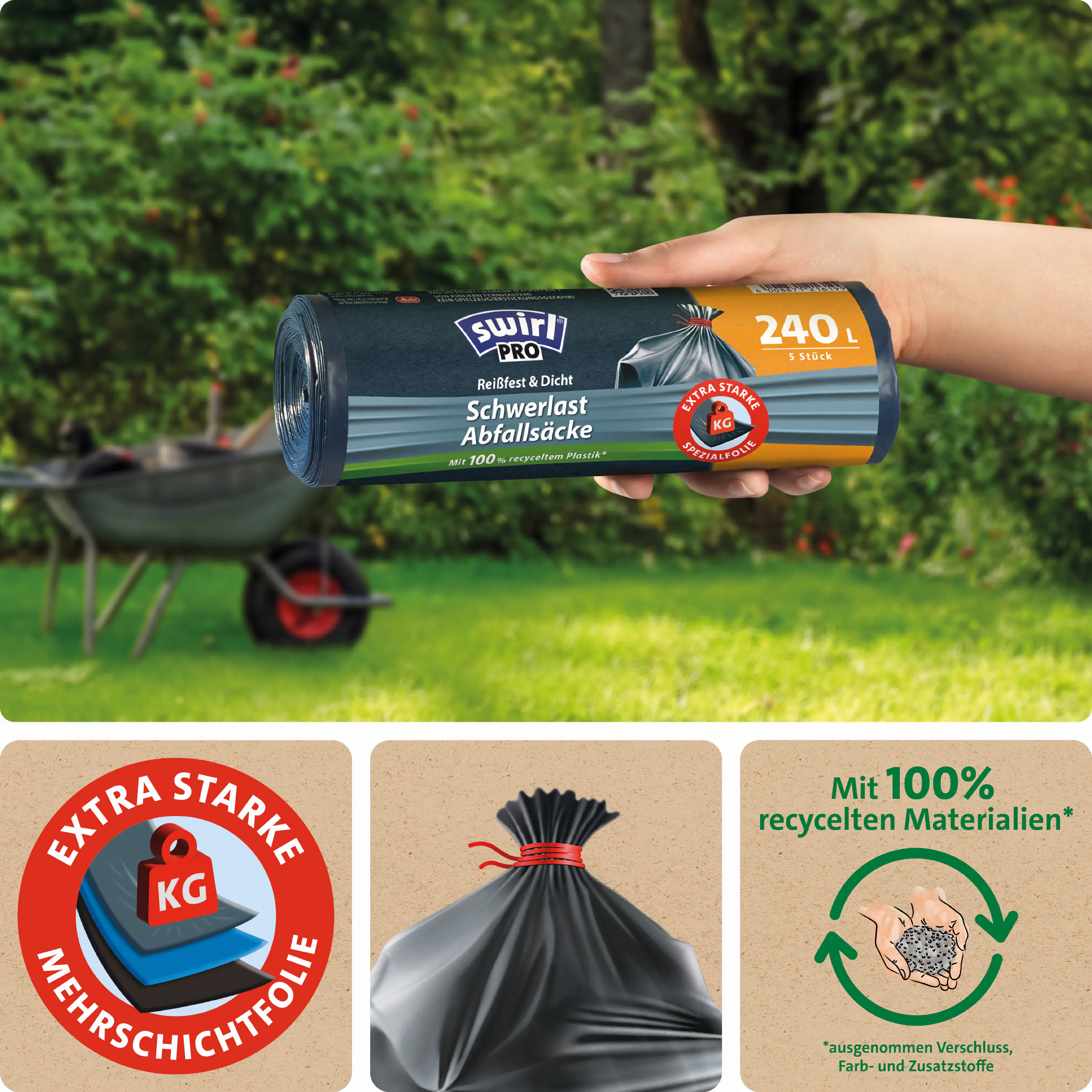 Swirl® Schwerlast-Säcke Profi mit Zugband 240 L Reißfest & Dicht